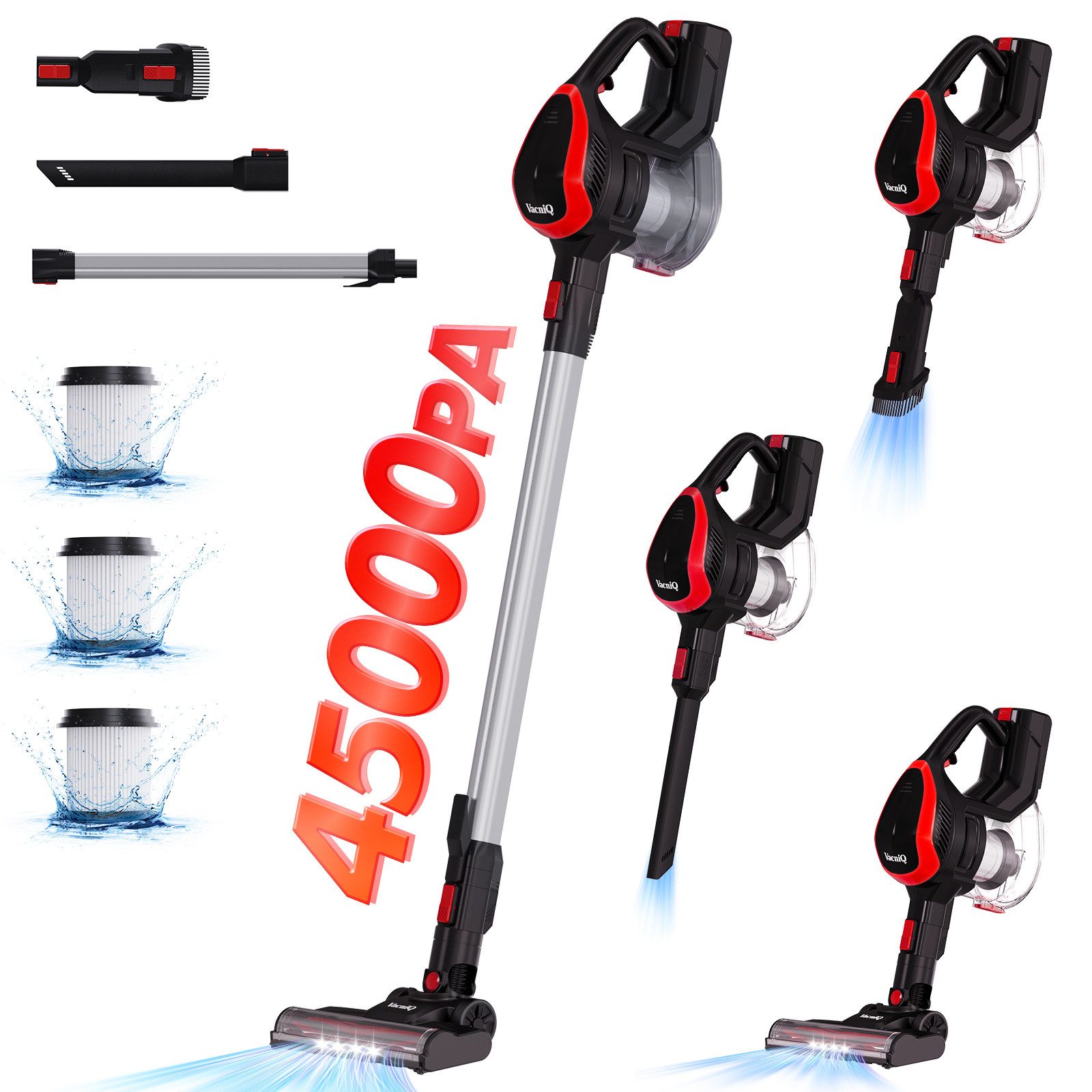 VacniQ Akku-Hand-und Stielstaubsauger Akku Staubsauger Kabellos, für Tierhaare, 5-stufiger HEPA-Filter, beutellos, Akku Staubsauger, Staubsauger, 45KPa, 45 Minuten, 1.2 L,65 dB,1.5kg