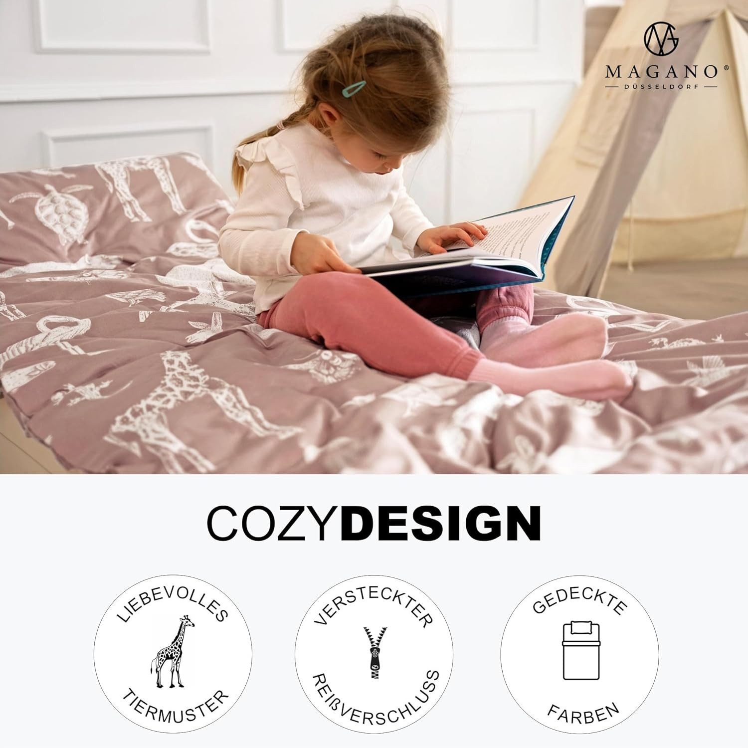 MAGANO Kinderbettwäsche, Bambus & Baumwolle Satin, Luxus Kinder Bettwäsche, 400 TC Luxusqualität, Tiermuster, Hypoallergen, Thermoregulierend