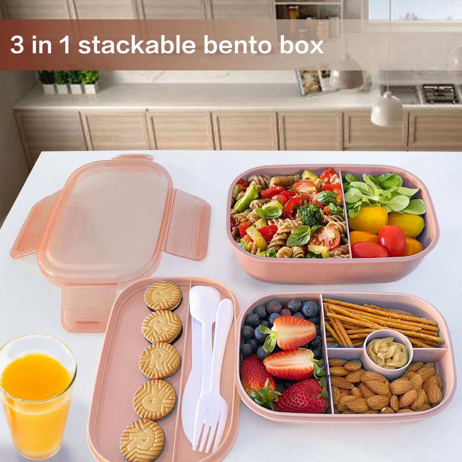 AURIVION Lunchbox Bento Lunchbox 1900ml mit Fächern & Besteck für Kinder & Erwachsene, Silikon, (Set, 4-tlg., 3-Schichten Brotdose mit Obstfach, auslaufsichere Salatbox), Lunchbox mit Cutlery, ideal für Schule, Arbeit & Reisen