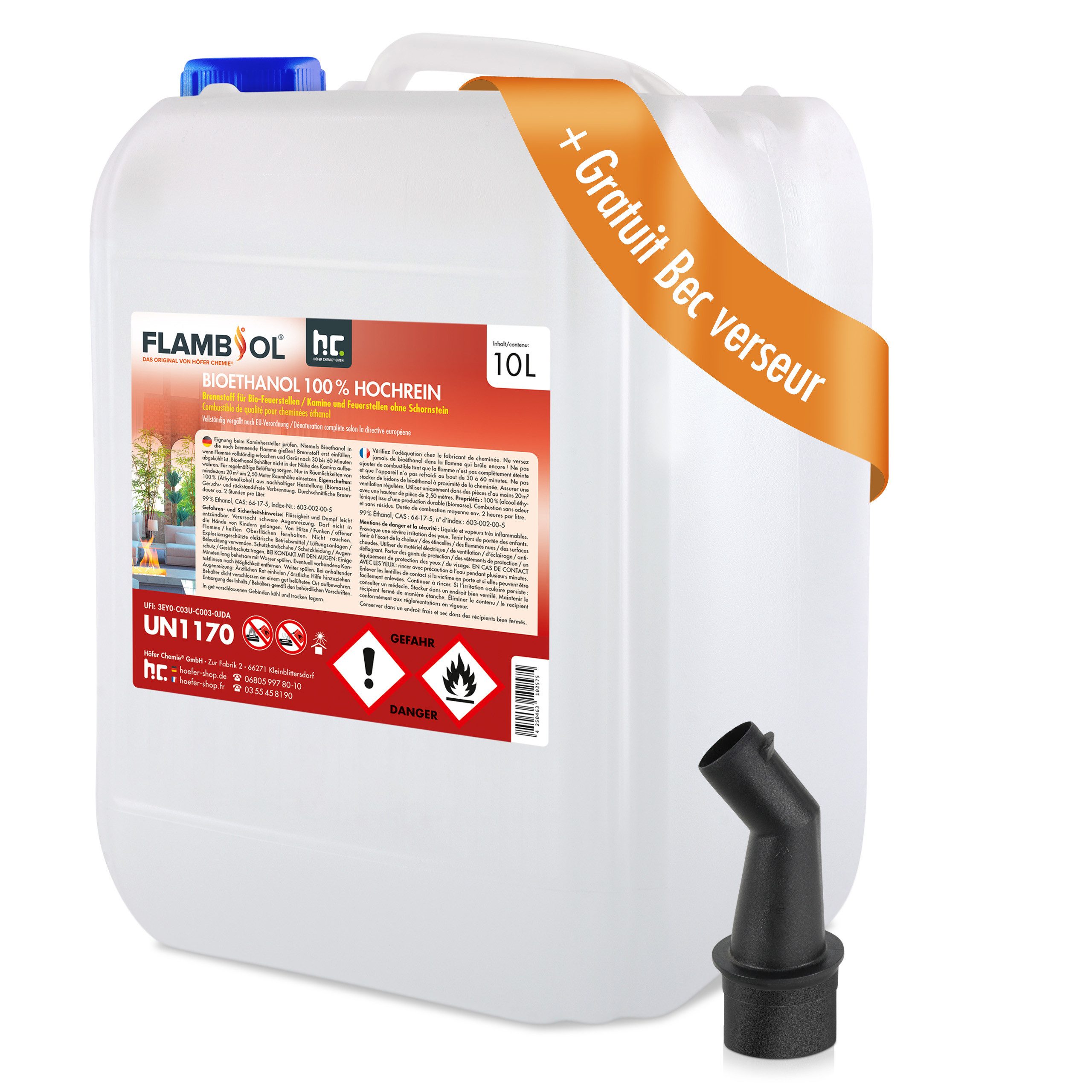 Höfer Chemie GmbH Bioethanol 10 L FLAMBIOL® Bioethanol 100% Hochrein, 10 l, (1-St), Reiner Brennstoff für sauberes, rückstandsfreies Feuer