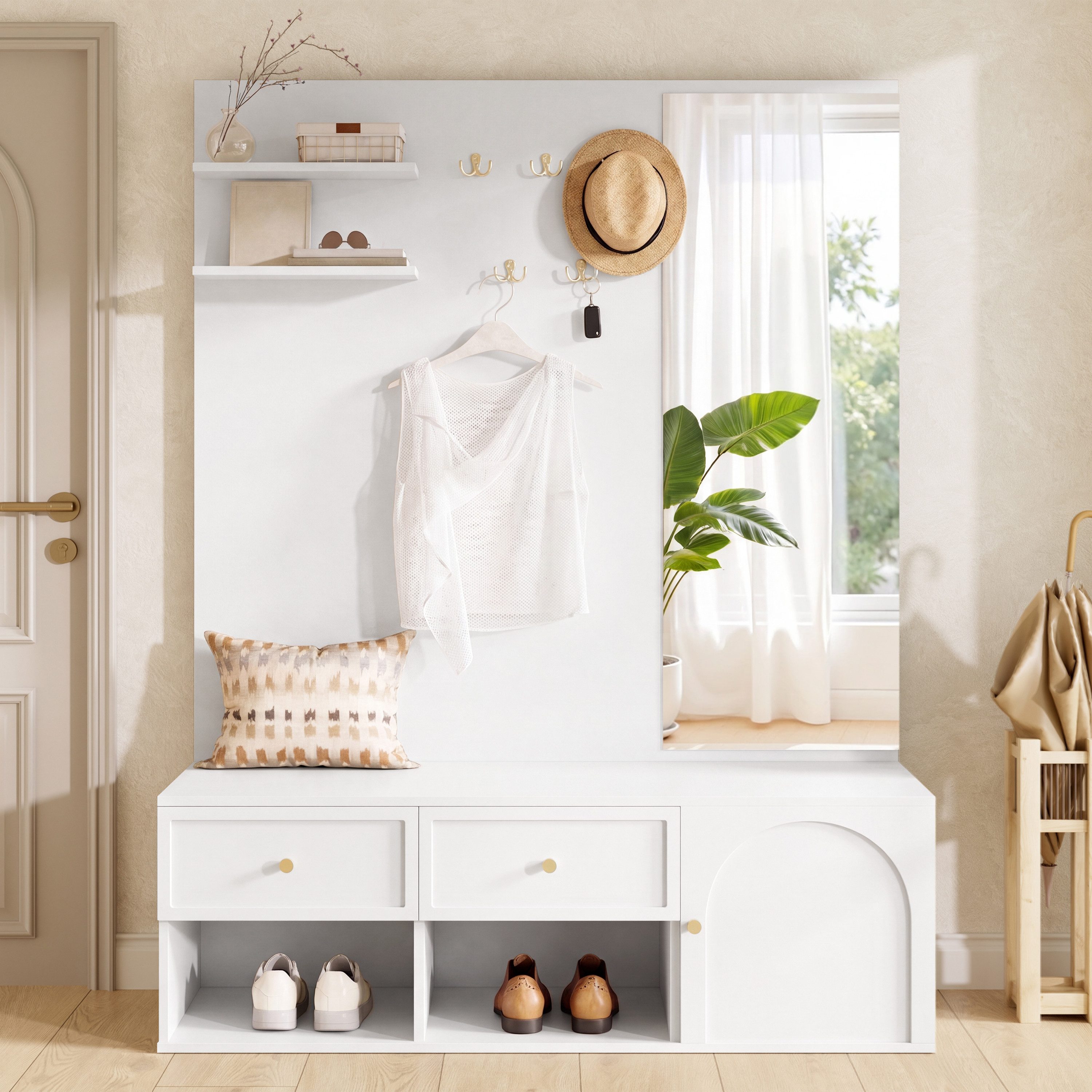 HAUSS SPOLE Garderoben-Set mit Schubladen,Wandgarderobe mit Regal,Spiegel und Haken,Weiß, (Multifunktionales Garderobenset mit Spiegel und Stauraum), Dielenmöbel Eingangsbereich-Garderobenkombination mit Ablagefächer