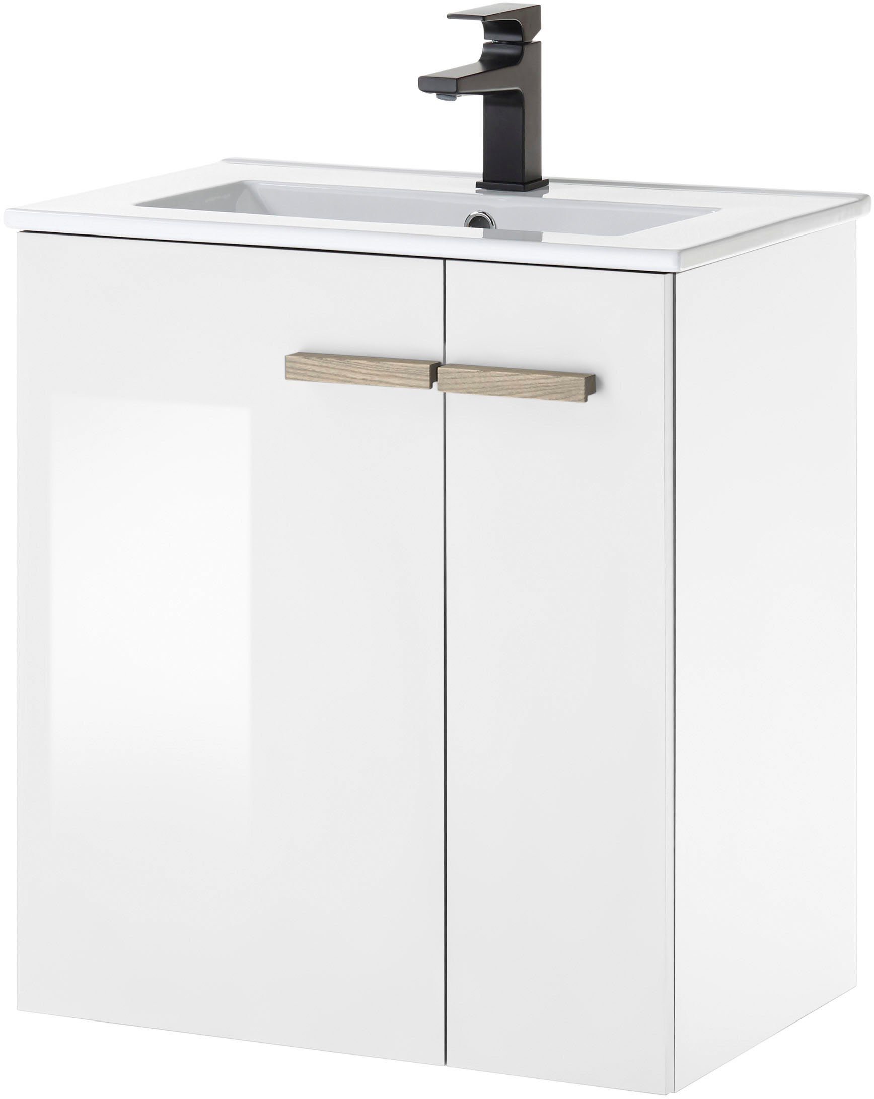 Home affaire Waschtisch SOLiD, Unterschrank inkl. Waschbecken, Badschrank mit Holzgriffe, in zwei Farben verfügbar, inkl. Waschbecken, Breite 60 cm