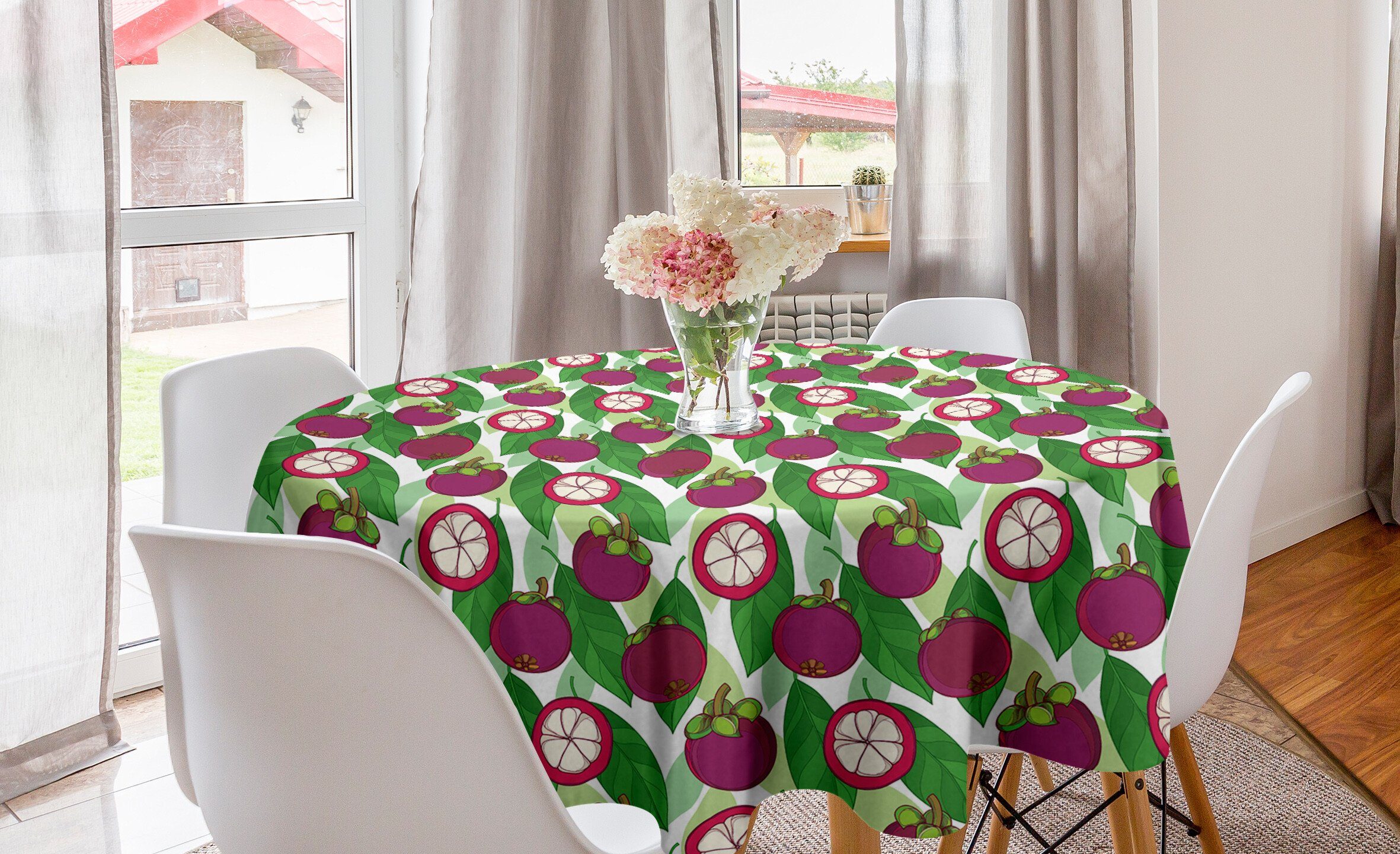 Tischdecke Dekoration, Abdeckung Mangostan-Frucht-Blätter und Tischdecke Kreis Küche Abakuhaus für Lila Grün Esszimmer