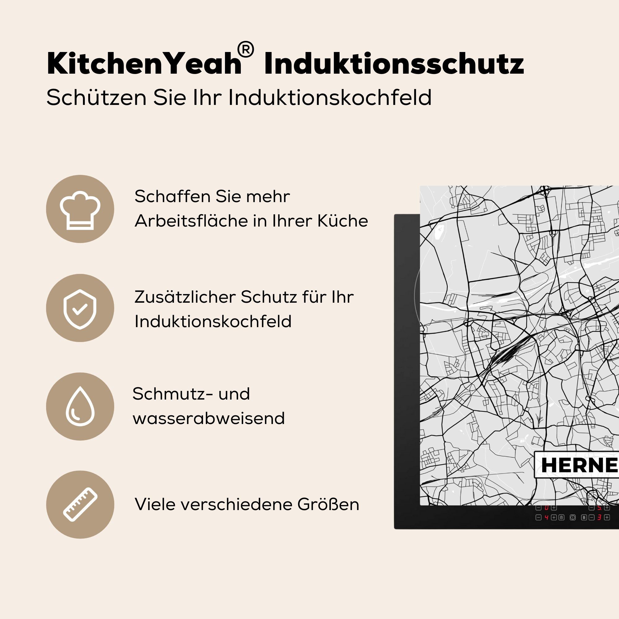 cm, Karte MuchoWow Stadtplan tlg), - - Vinyl, - küche Herne, Herdblende-/Abdeckplatte Arbeitsplatte Ceranfeldabdeckung, (1 für Deutschland 78x78