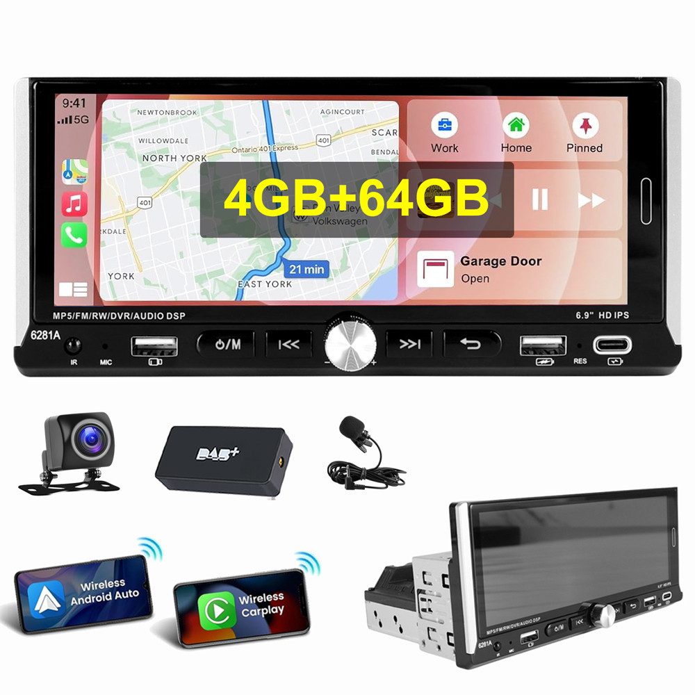 ESSGOO 4GB+64GB Single 1DIN Android 15 Apple Carplay Android Auto GPS WiFi Navigationsgerät (Carplay Android Auto Bluetooth FM AM RDS WIFI GPS)
