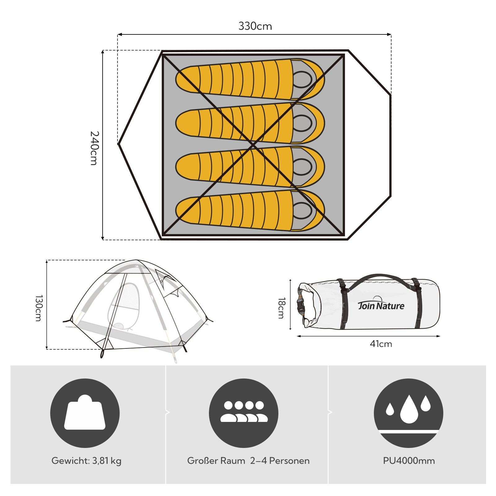 Join Nature Kuppelzelt Camping Zelt Familienzelt Doppellagiges Kuppelzelt Ultraleicht Zelt, Personen: 4 (packung)