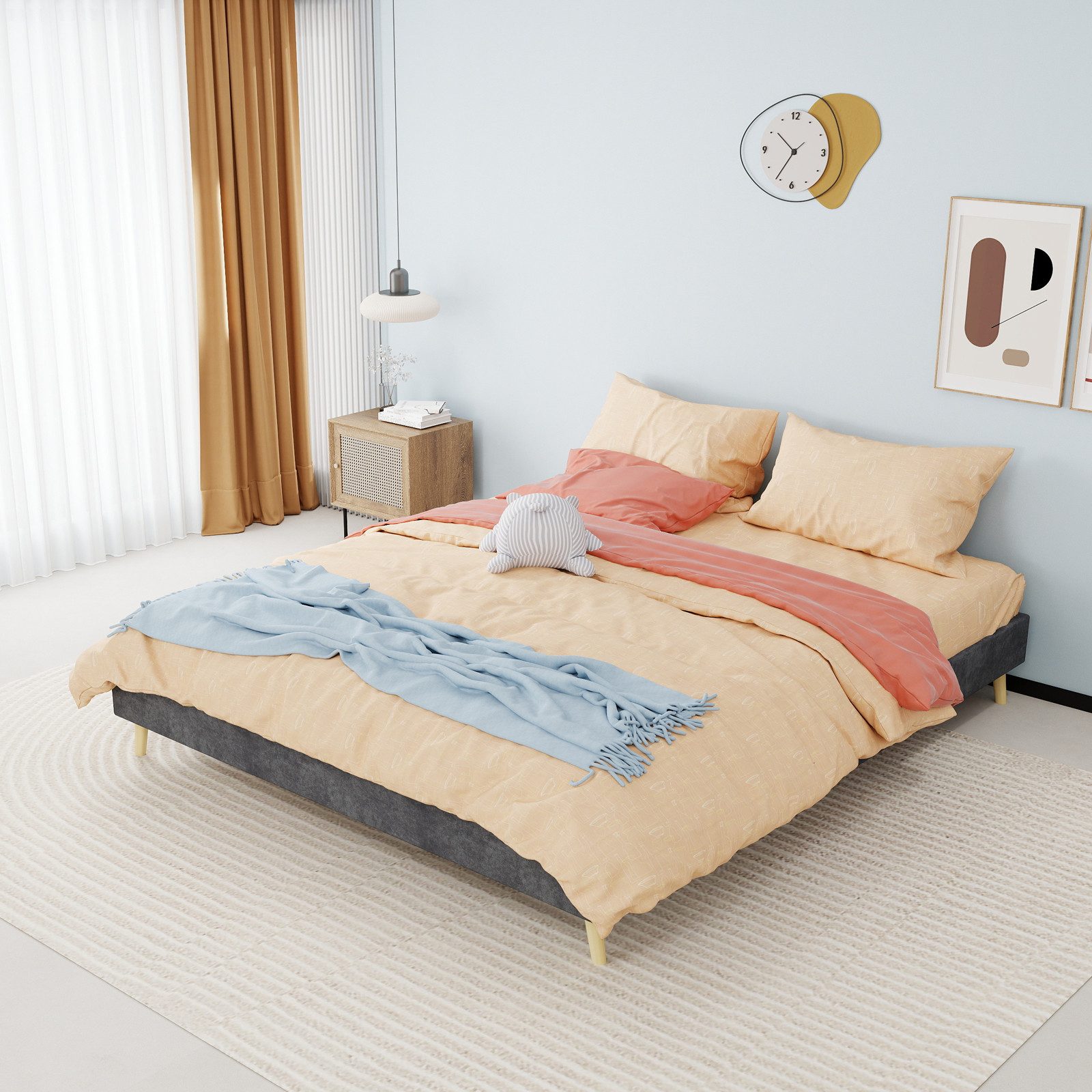 Odikalo Bettgestell Jugendbett Doppelbett 140×200 160×200 Grau Beige mit Schlaffunktion (Modernes Bezug aus holländischem Samt niedriges Gestell Schlafzimmermöbel im modernen Stil Ohne Gasdruckfedern und Kopfteil inklusive Matratze)