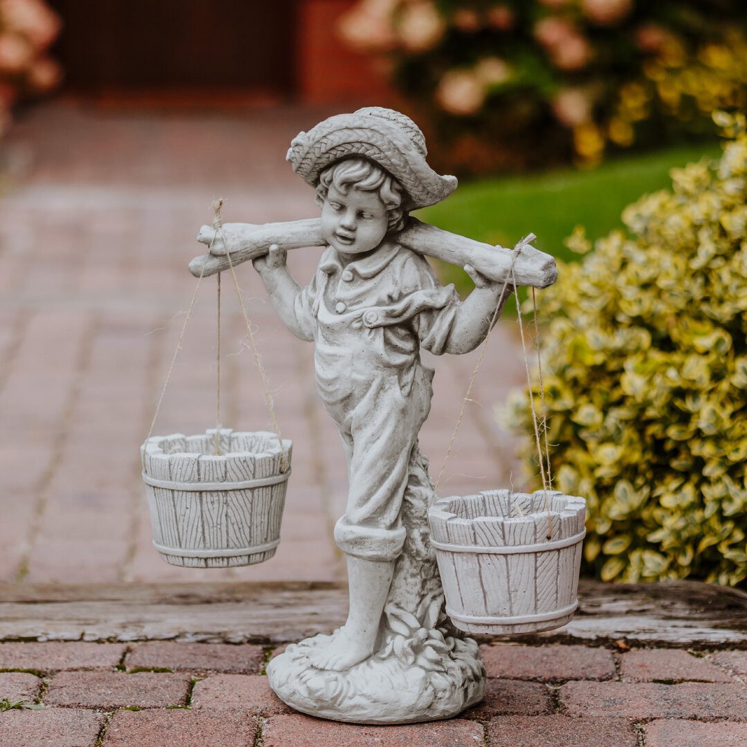 gartendekoparadies.de Gartenfigur Junge mit Blumenampel, Steinfigur H. 60 cm, 20 kg, Frostsicher