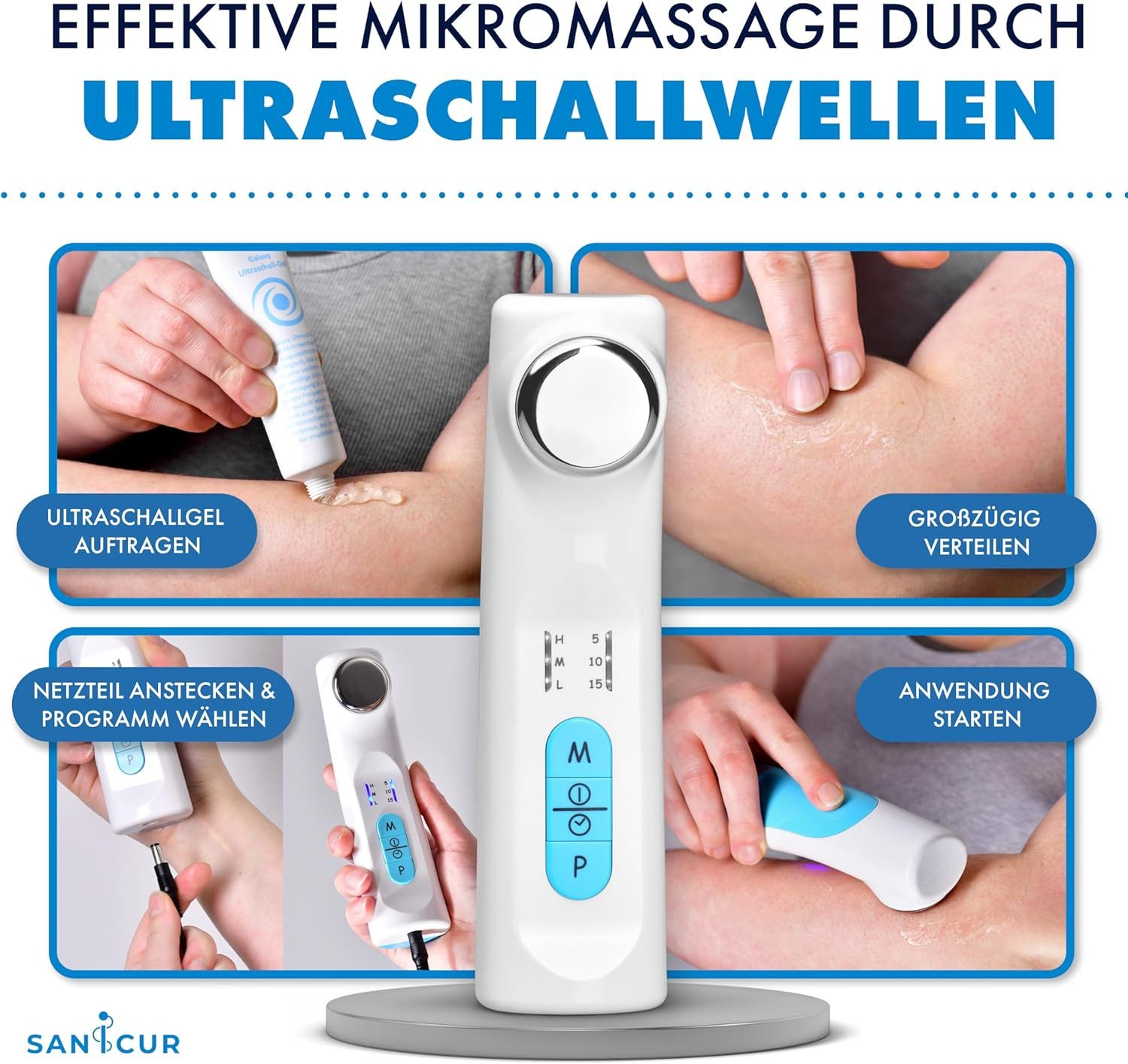 Sanicur Massagegerät Ultraschallgerät, Ultraschall-Schmerztherapiegerät mit 3 Stufen, 1 MHz für Zuhause mit Ultraschallgel und Timer – Bild 4 von 5