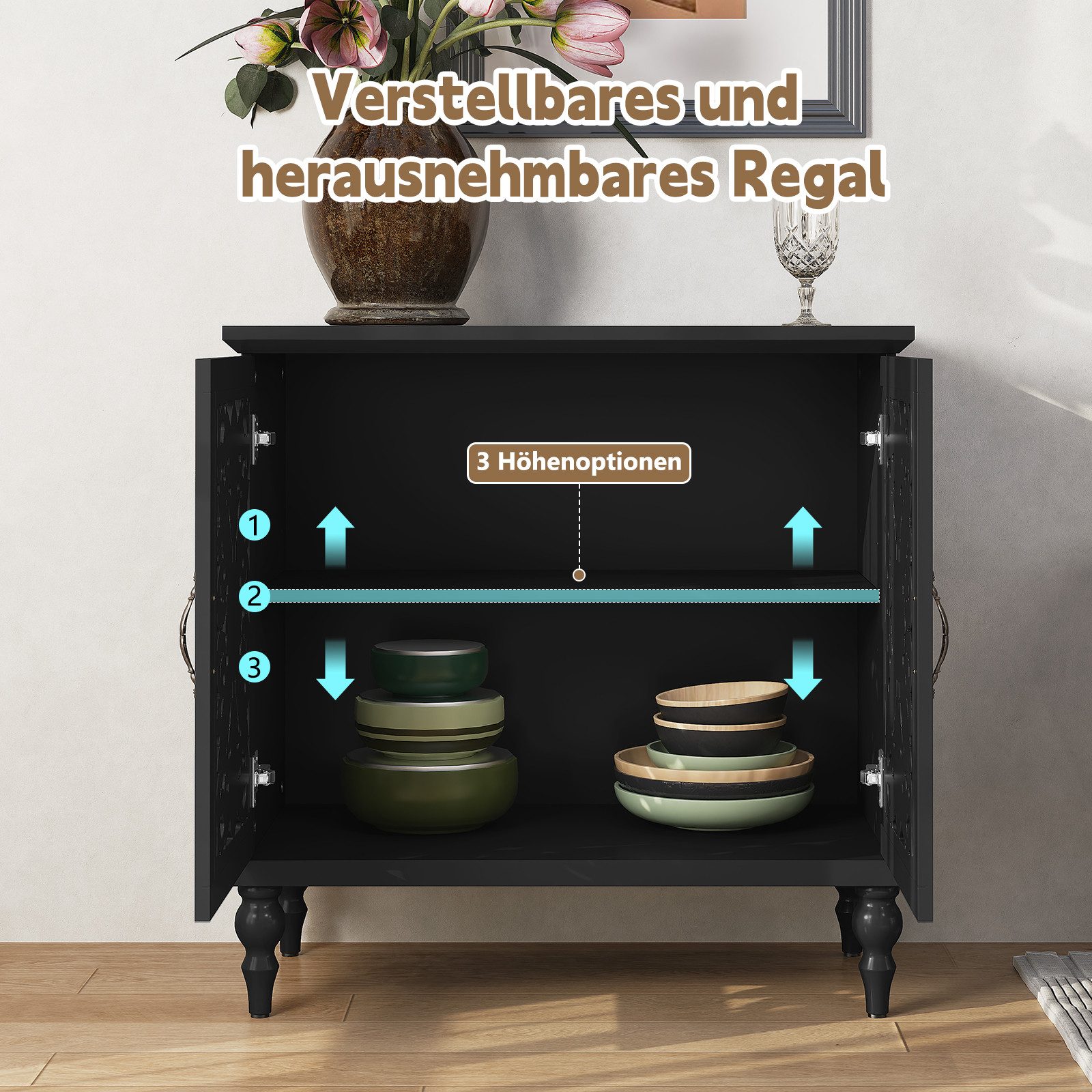 HOLTICO Kommode Vintage Sideboard Buffet Schrank mit Hohle Blumenschnitzerei (1 St), Akzent Schrank Holz Kommoden & Sideboards – Bild 4 von 5