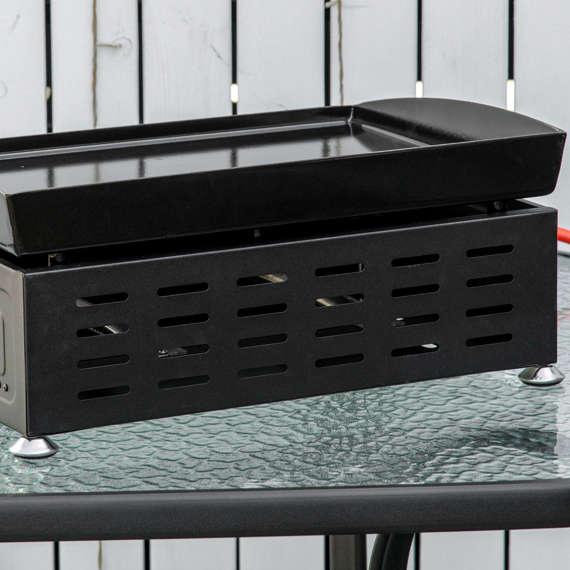 kowdom Gasgrill Kompakter 2-Brenner-Tischgrill mit Antihaft-Plancha, Tischgrill, Herausnehmbare Fettwanne, verstellbare Füße, Antihaft-Plancha
