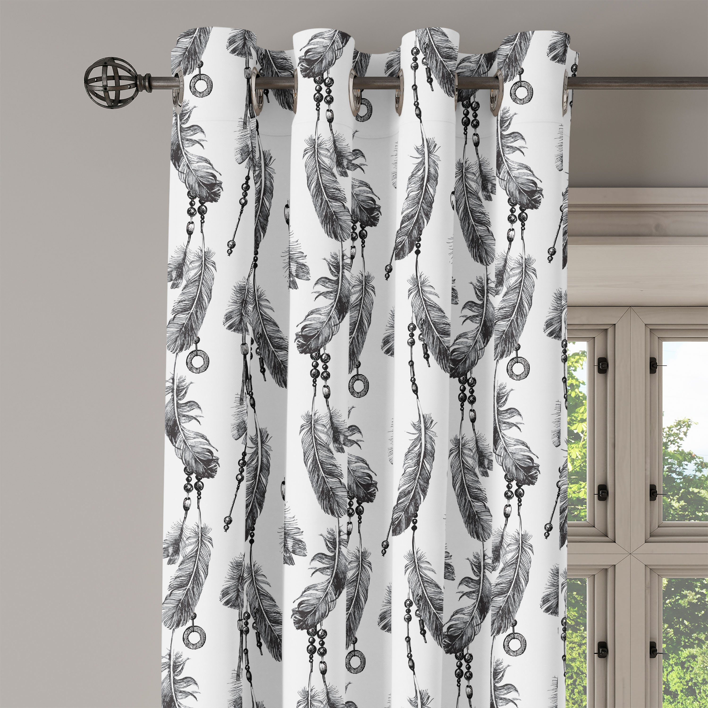 Boho Dekorative Abakuhaus, Schwarz Gardine 2-Panel-Fenstervorhänge Feder Wohnzimmer, Schlafzimmer Stammes Weiß für