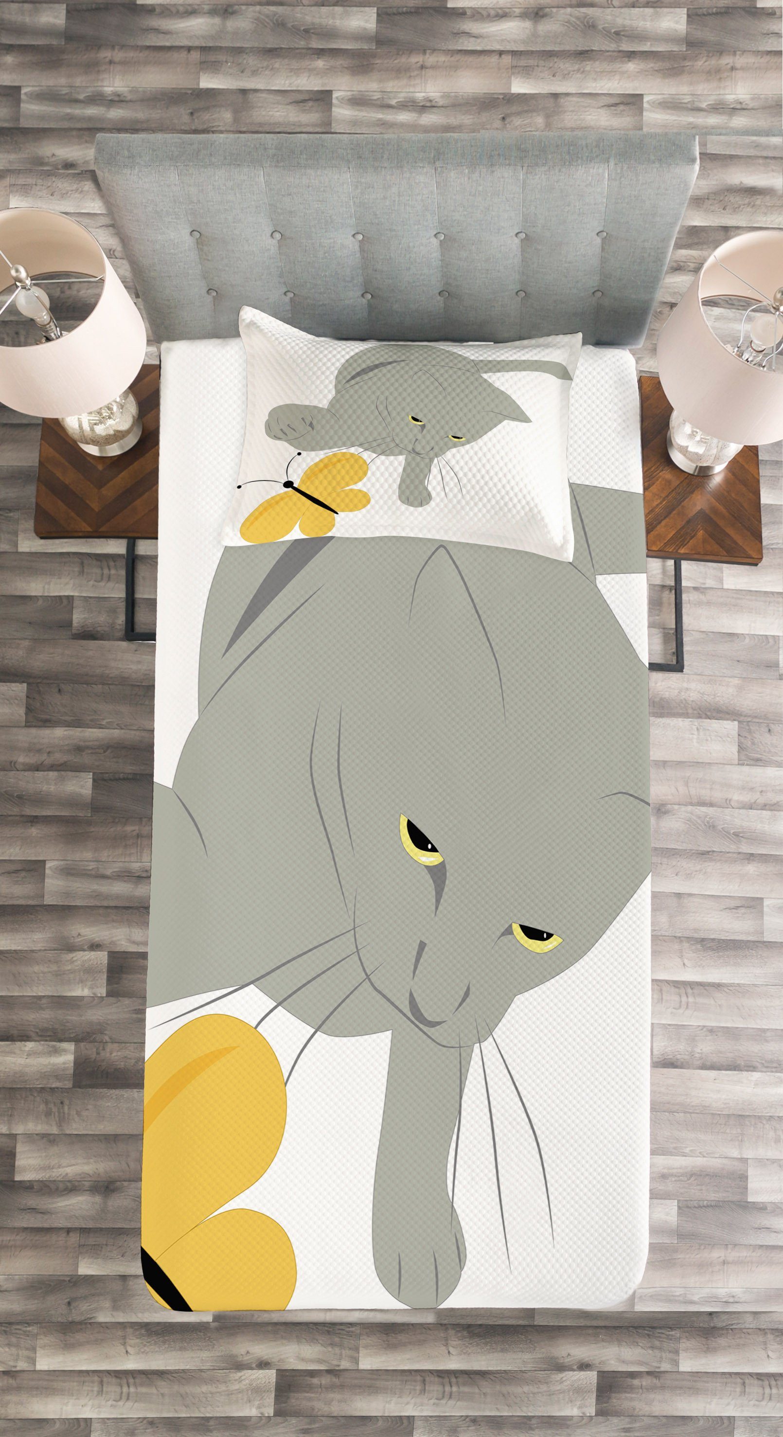 Waschbar, Kissenbezügen Set Tagesdecke Tier Katzen-Gelb-Motte Abakuhaus, mit