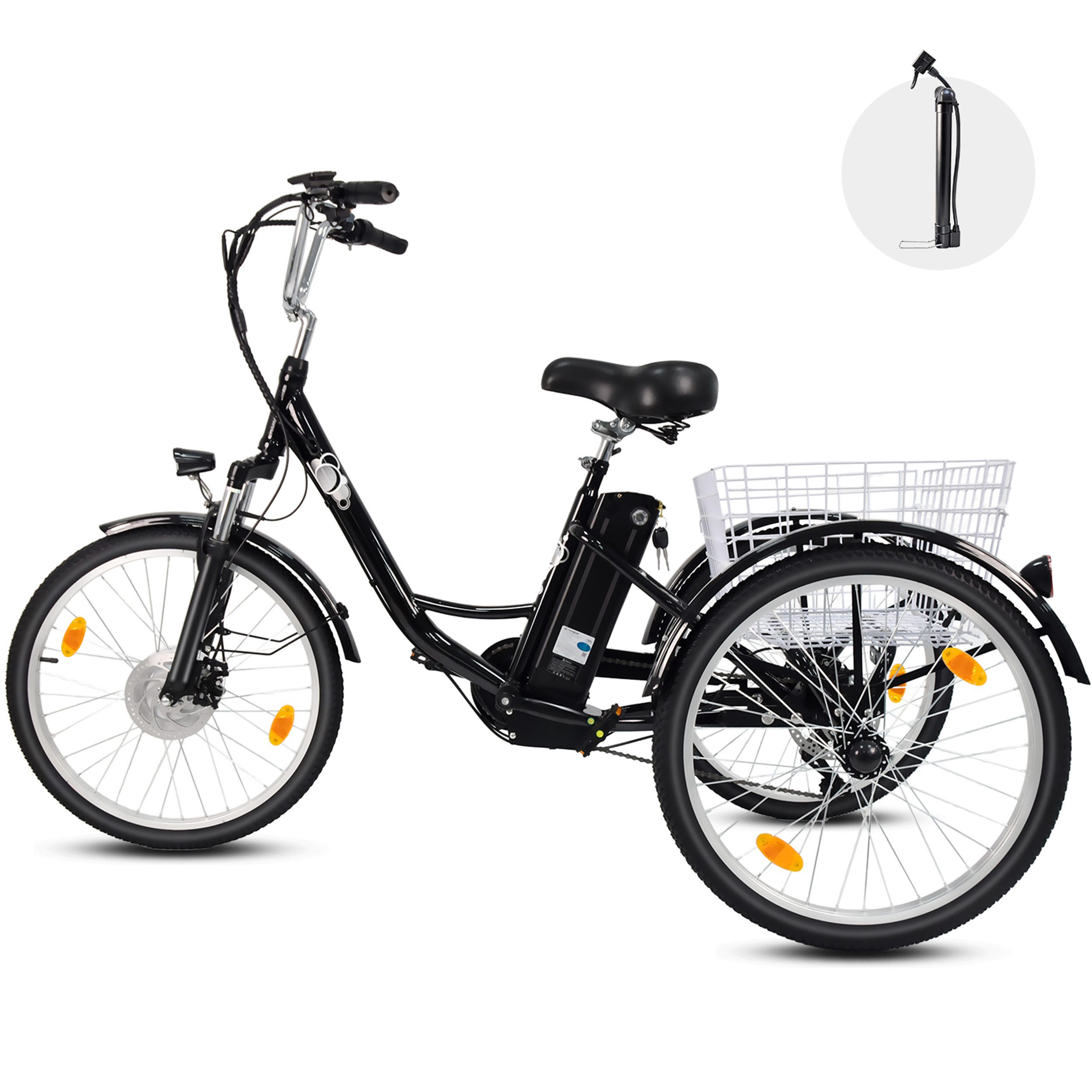 Vankel E-Bike Cityrad Damen u. Herren Elektro-Dreirad 24 Zoll 250W 540Wh 100km 3-Rad Pedelec, Kettenschaltung, Heckmotor, 648 Wh, (Beleuchtungsset mit Batterieladegerät, Batterieschlüssel, Werkzeug), Shimano 7-Gang Vorderradmotor Federgabel Cargobike 120kg Traglast