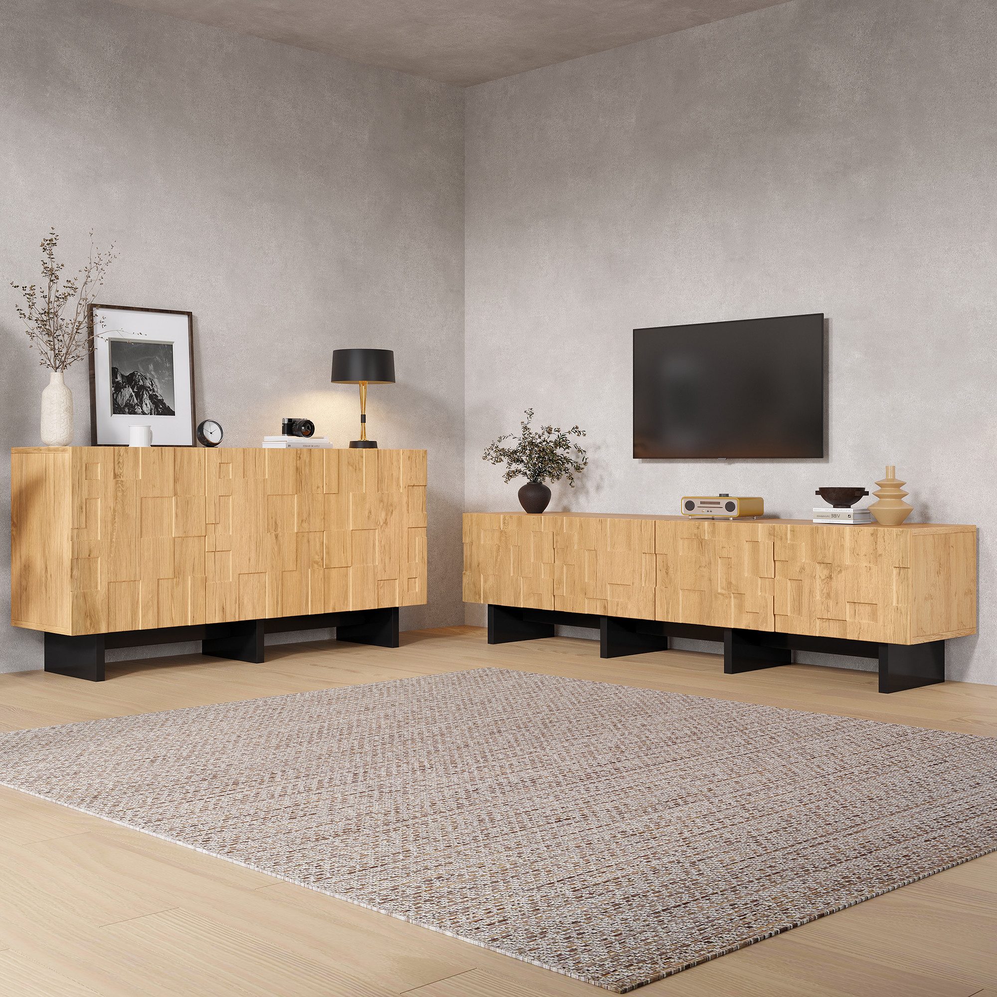 KLAM HOME Wohnwand Wohnzimmer Möbelset mit TV-Schrank 180cm + Sideboard 140cm, (Naturholzfarbenes Set mit Waffelgitter-Türen & Push-to-Open), Kombiniertes Aufbewahrungsset für Fernseher bis 75 Zoll