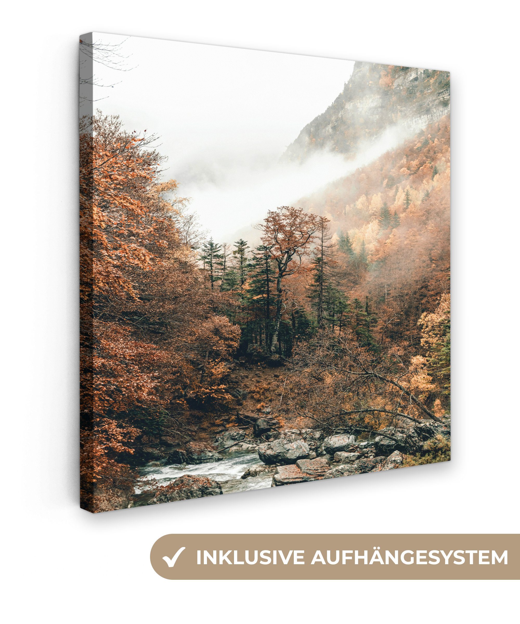 OneMillionCanvasses® Leinwandbild Natur - Wald - Nebel - Herbst, Fotodruck (1 St), Wandbild, Deko Schlafzimmer Wohnzimmer Flur 20x20 cm