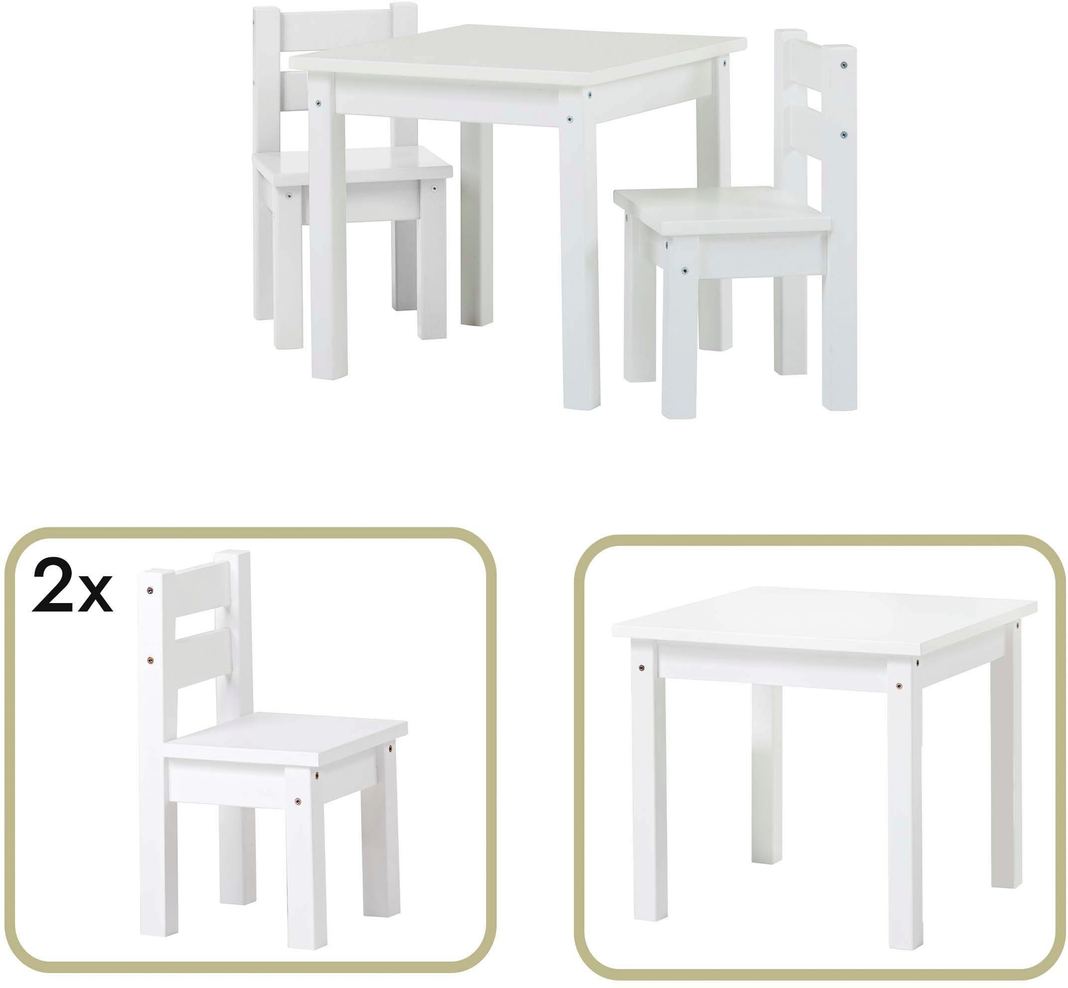 Hoppekids Kindersitzgruppe MADS Kindersitzgruppe, (Set, vielen 2 Farben, in 1 3-tlg., weiß zwei mit Tisch, Stühle), Stühlen