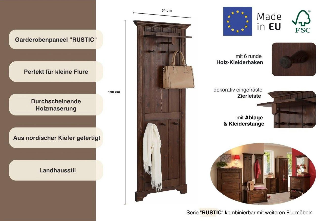 OTTO home Garderobenpaneel Rustic, aus massiver Kiefer, Höhe 190 cm, mit Ablage, Holzhaken