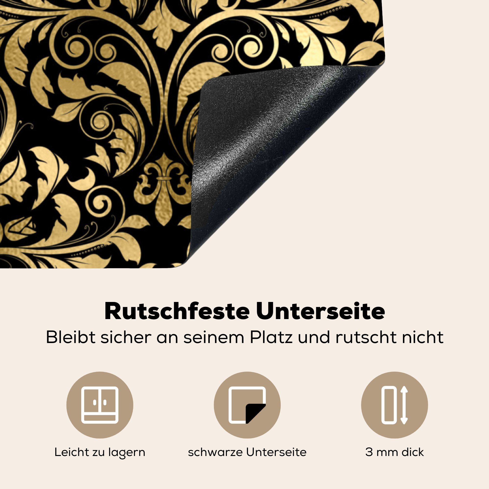 78x78 Vinyl, Schwarz, küche tlg), Barock MuchoWow Herdblende-/Abdeckplatte - - Gold Ceranfeldabdeckung, (1 - für cm, Arbeitsplatte Muster