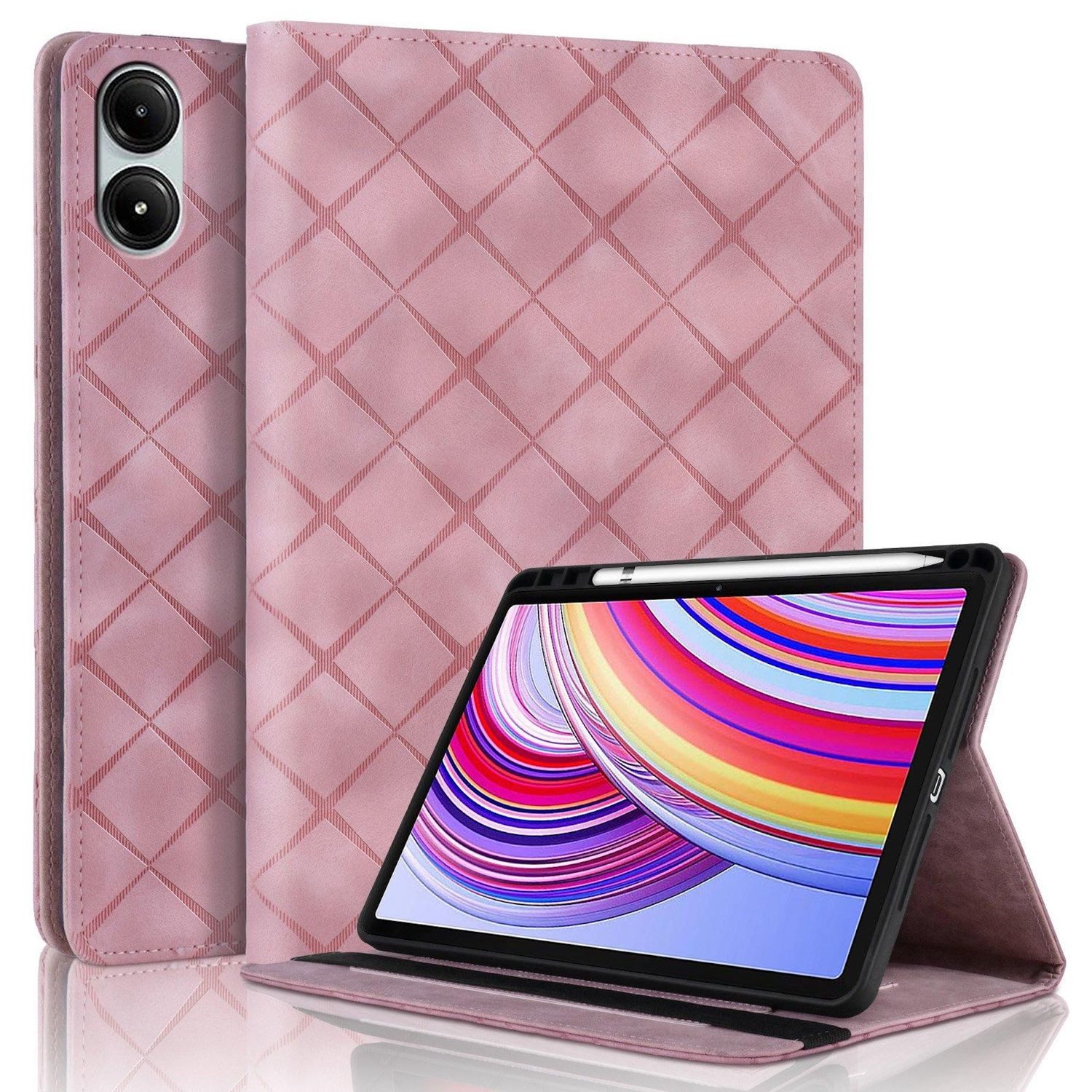 Wigento Tablet-Hülle Für Xiaomi Redmi Pad Pro 12.1 Rhombus Muster Kunstleder Tasche Rosa, Faltbare Kunstleder Hülle mit Stifthalter und Standfunktion