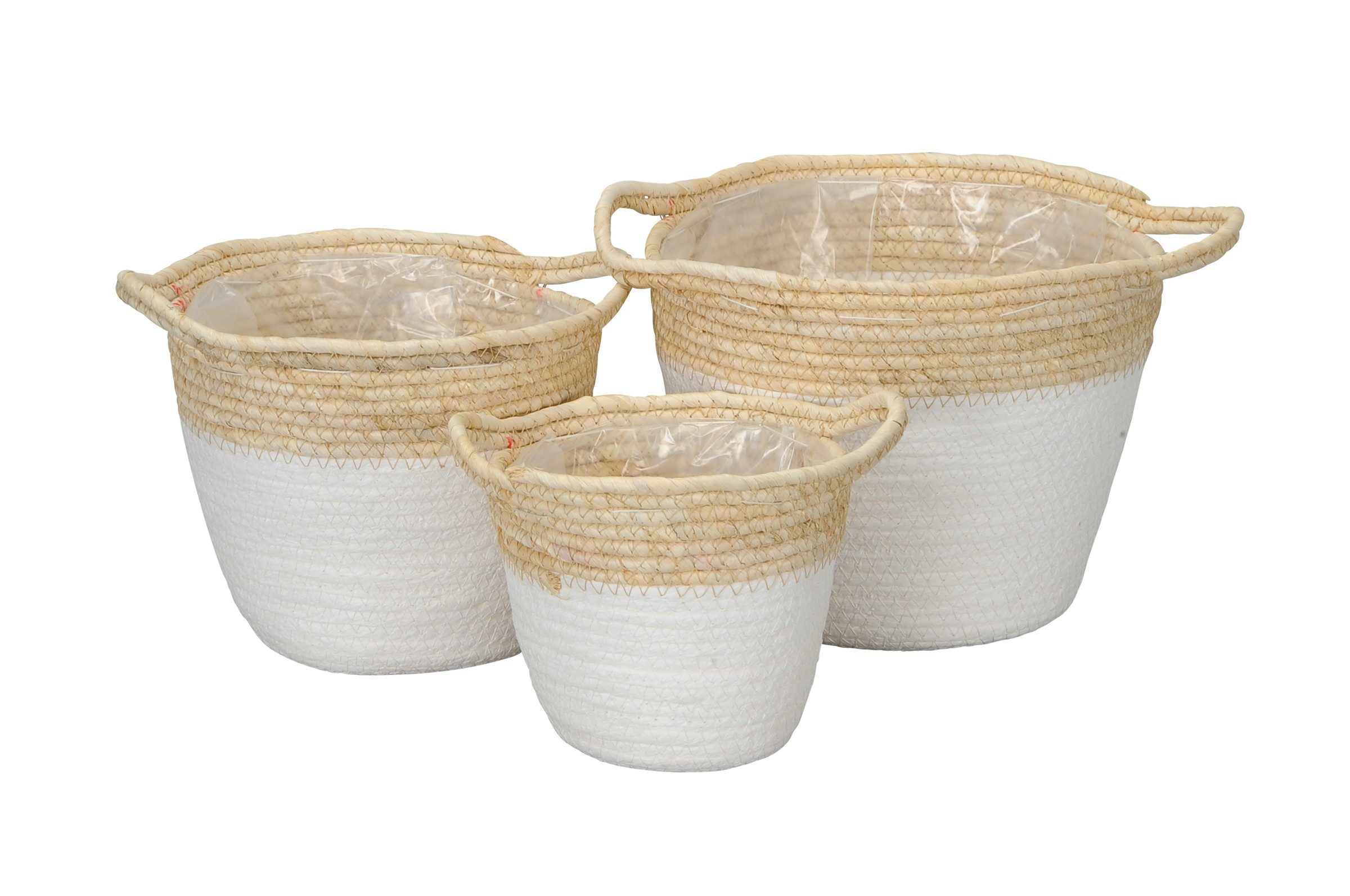 finehomegarden Aufbewahrungskorb Korb mit Griffen Weiß 3er Set aus Mais – Dekokörbe Ø17/20/23 cm Deko (Set, 3 St., 3er-Set), Handgeflochtene Aufbewahrungskörbe für Wohnzimmer, Bad, Küche
