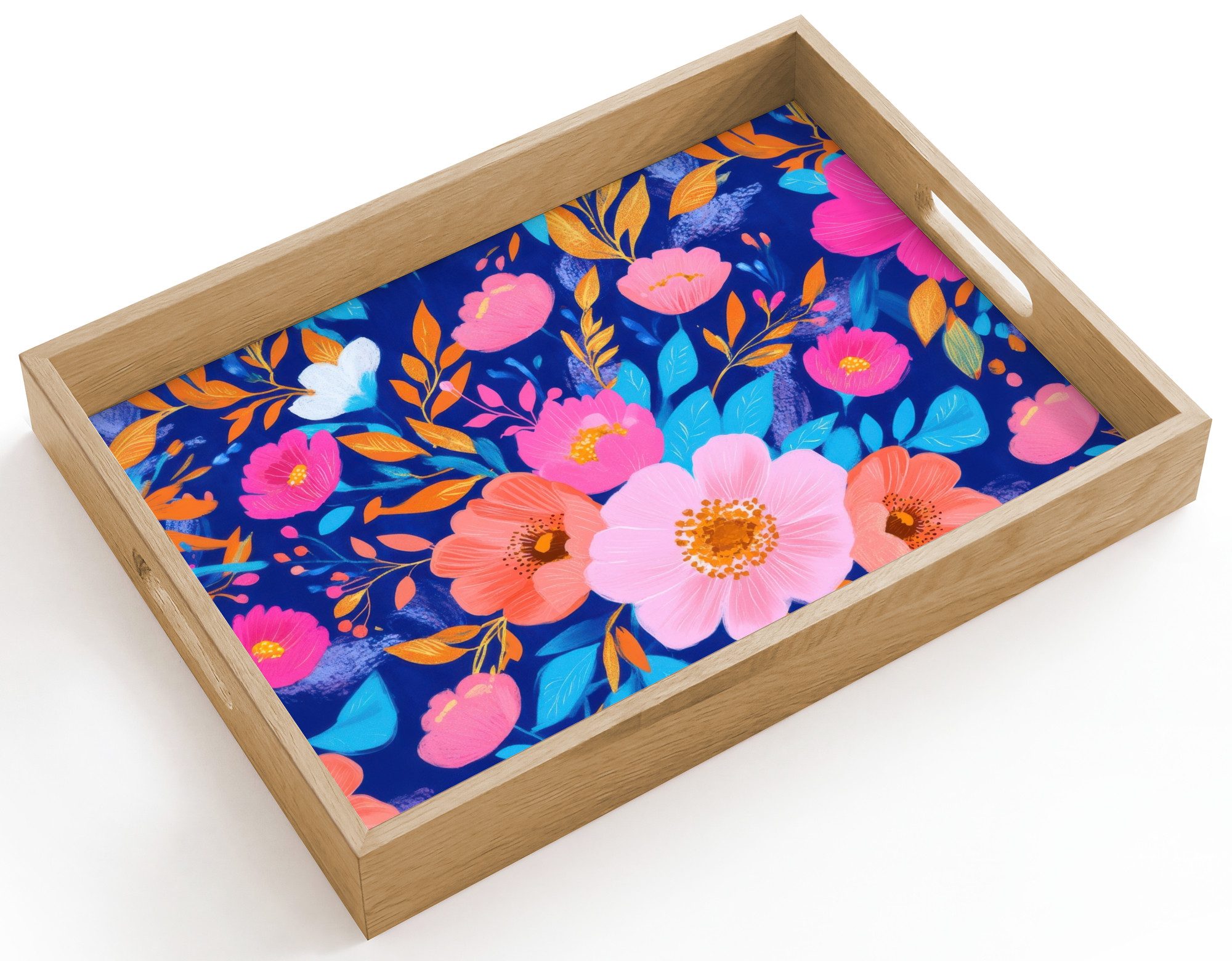 OnlyWow Tablett Rechteckig mit Henkel Blumen - Blau - Rosa, Eichenholz, (1-tlg), Siervierplatte, Tray, Frühstücksbrett