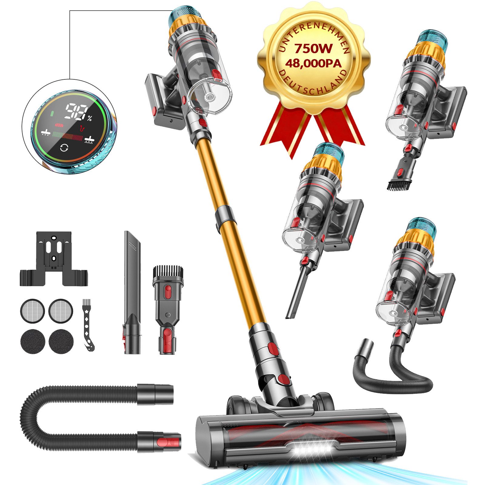 FOSMET Akku-Stielstaubsauger Akku Staubsauger 85000Pa 750W 80min, 2,6L Staubbehälter, OLED Display, 750 W, 2.6L, Kabelloser Stabstaubsauger mit 11-Stufen-Filter, 50dB leise, für Böden