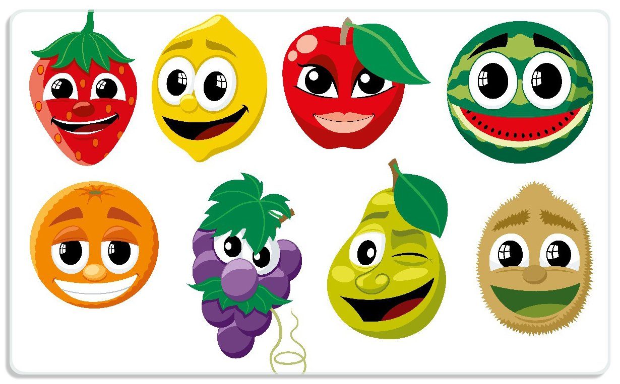 Comic-Stil Obst-Smilies Gummifüße im Früchte, Frühstücksbrett 14x23cm ESG-Sicherheitsglas, 1-St), - (inkl. Lustige rutschfester Wallario 4mm,