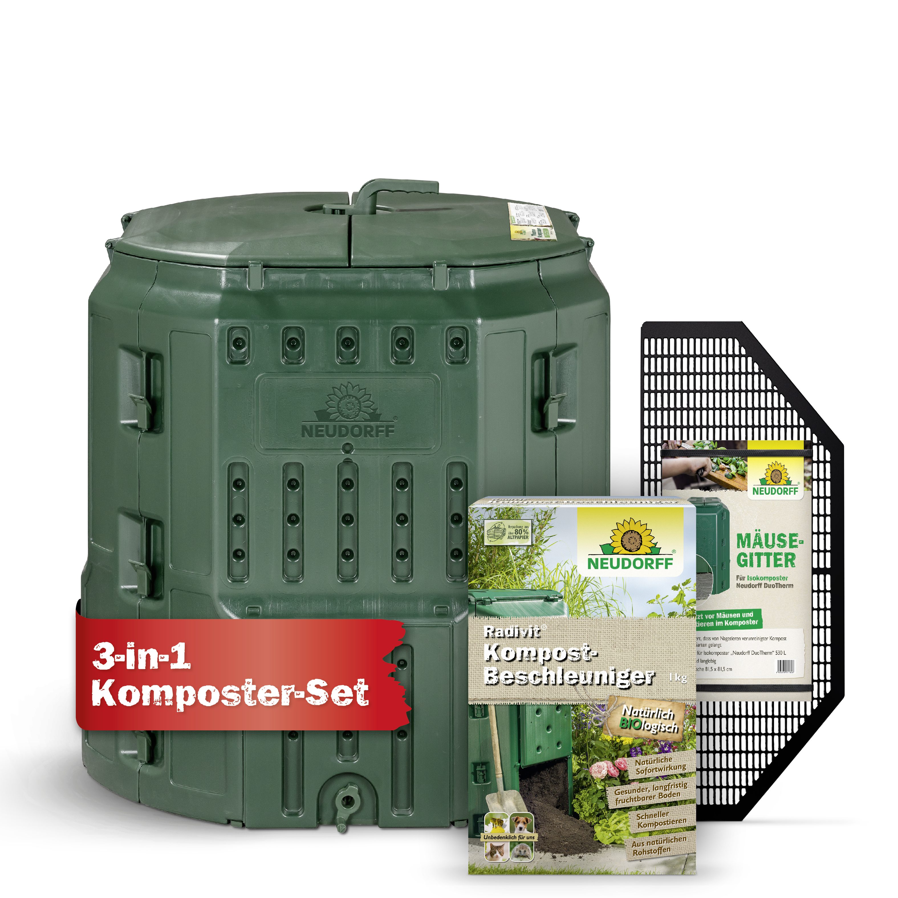 Neudorff Thermokomposter DuoTherm 530 Liter + Mäusegitter + Radivit 1 kg, (3-teiliges Komplett-Set, 3er Komplett-Set Thermokomposter + Mäusegitter + Kompost-Beschleuniger), Doppelwandiger Thermokomposter mit Mäusegitter und Komposthilfe