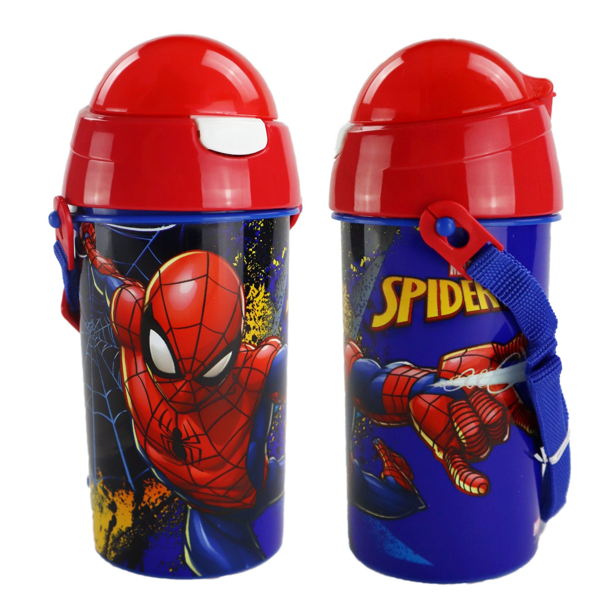 MARVEL Trinkflasche Marvel Spiderman Wasserflasche 500 ml, Flasche mit integriertem Trinkhalm und Tragegurt