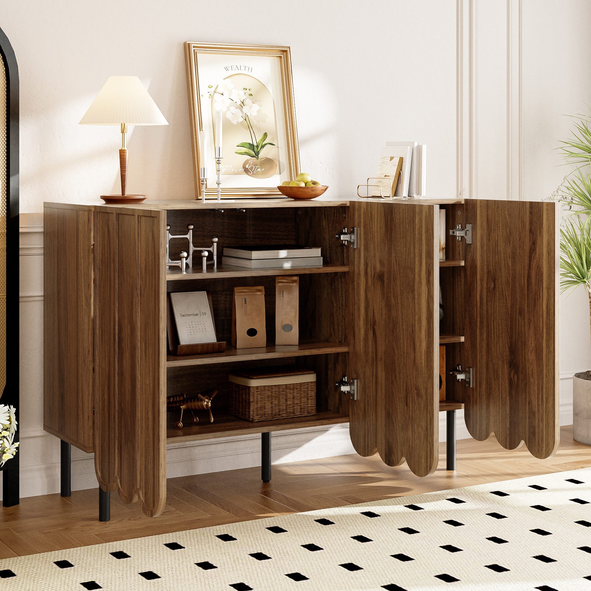 Merax Sideboard in Holzoptik mit Push-to-Open-System (Buffetschrank Anrichte, 1 St), Kommode mit 3 Wellentüren & verstellbaren Regalen, 120x35x80cm