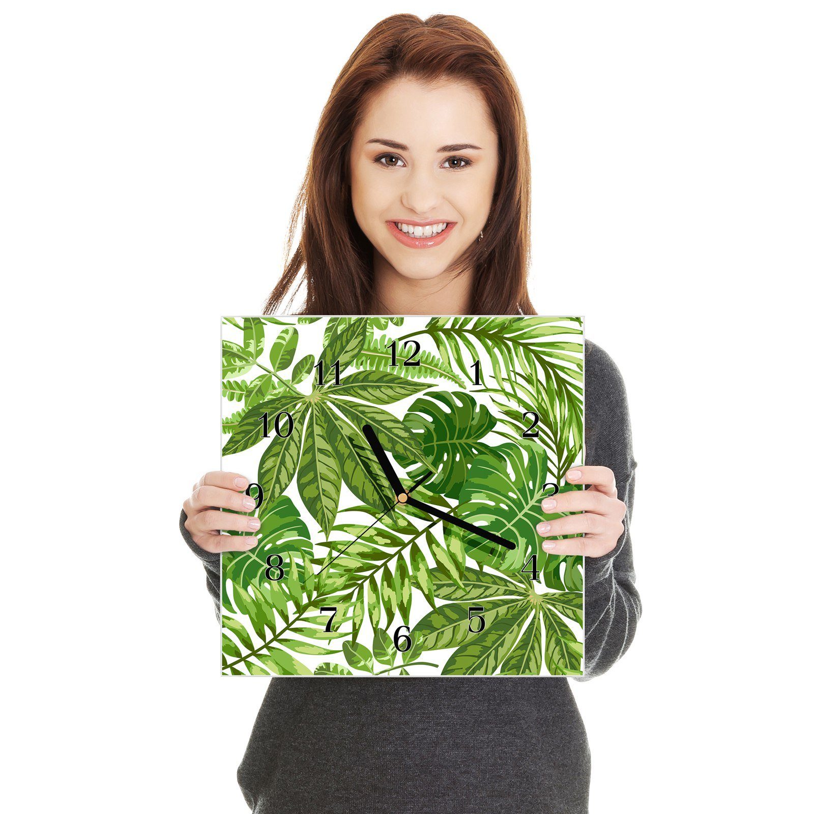 Primedeco Dschungelblätter Muster x Wandkunst aus mit Wanduhr cm Glasuhr Größe 30 Motiv Wanduhr 30