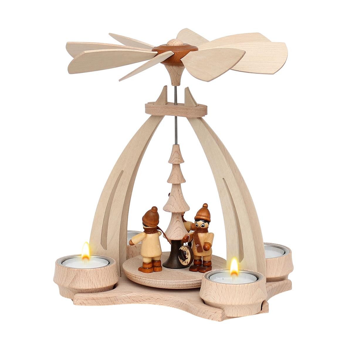 Dekohelden24 Weihnachtspyramide Pyramide aus Buchenholz 3 Laternenkinder, ca. 24 cm