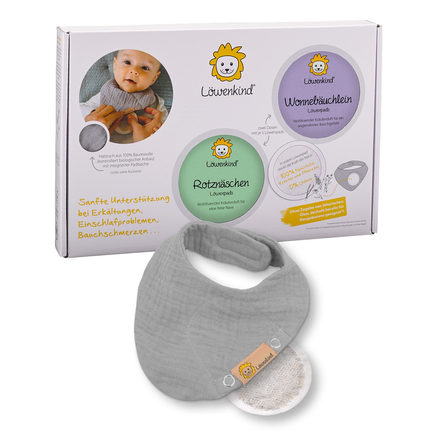 Löwenkind Neugeborenen-Geschenkset Einsteigerbox mit Halstuch Grau, Wonnebäuchlein und Rotznäschen (Einsteiger-Set) Einfache Anwendung - Schnelle Wirkung