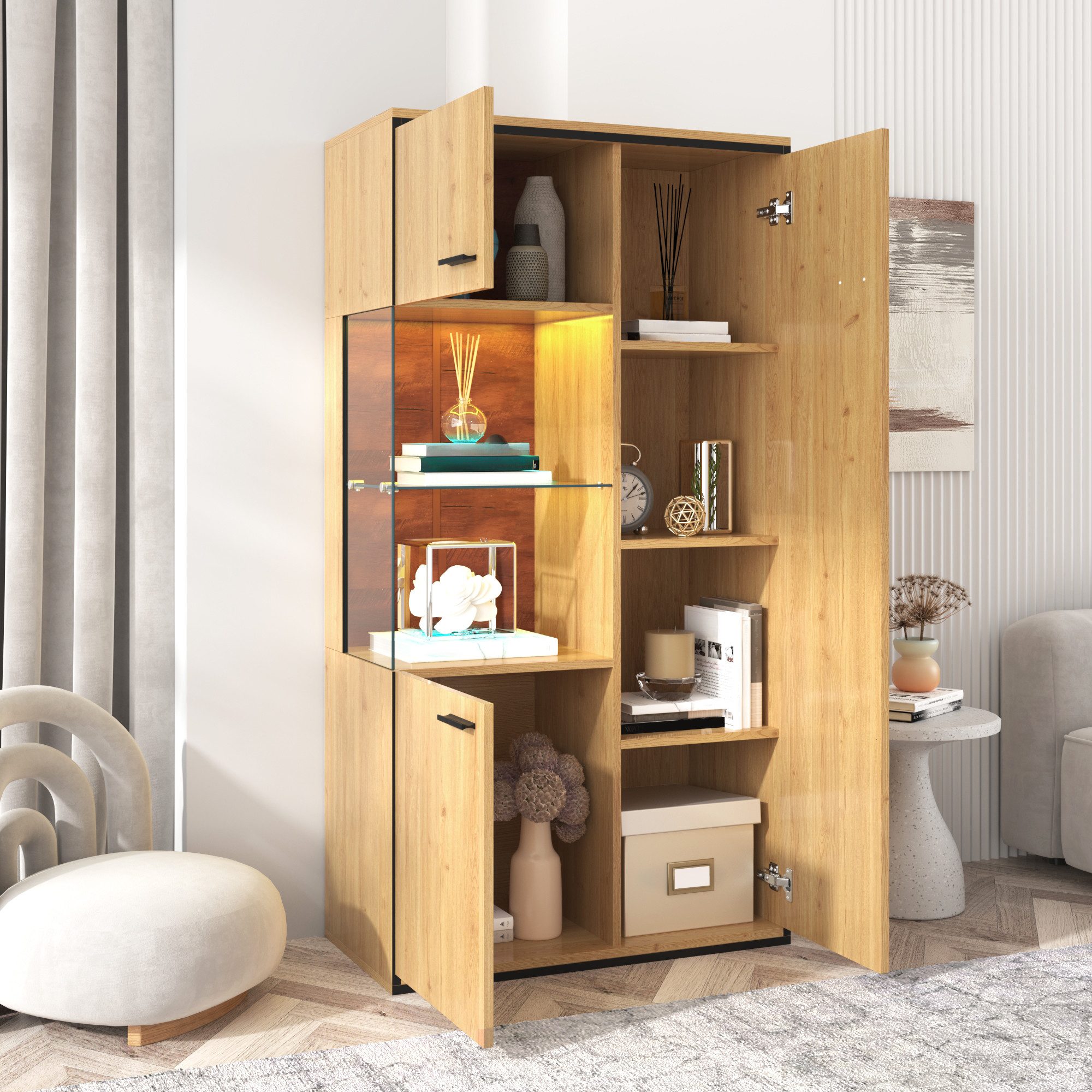 Furnishings Home Vitrine Glasvitrine LED Schaukasten mit Glastür (77.5 x 40 x 150 cm) Modern, Mit 15 Farboptionen LED-Beleuchtung, Mehrzweckregale