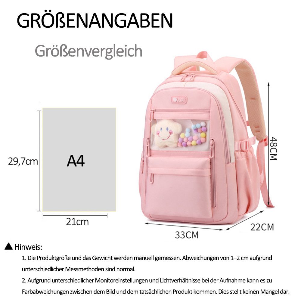 MOPUEA Schulrucksack Rucksack Schule Mit transparenter Fronttasche Mädchen Jungen Teenager (Turnbeutel Seitentasche, Laptopfach, Wasserabweisend, 1-tlg., mit doppelter Reißverschluss)