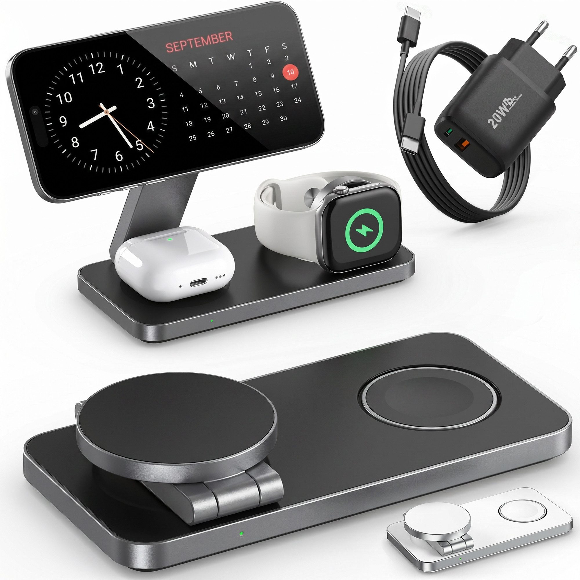 GreenHec Ladestation Apple Watch iPhone 3in1 MagSafe Ladegerät Wireless Charger Wireless Charger (3000 mA, Spar-Set, 3in1 PowerBase + USB-C Kabel + 20w Dual Charger, 18 17 16 15 14 13 Pro Max Air Charging Station Induktionsladegerät)