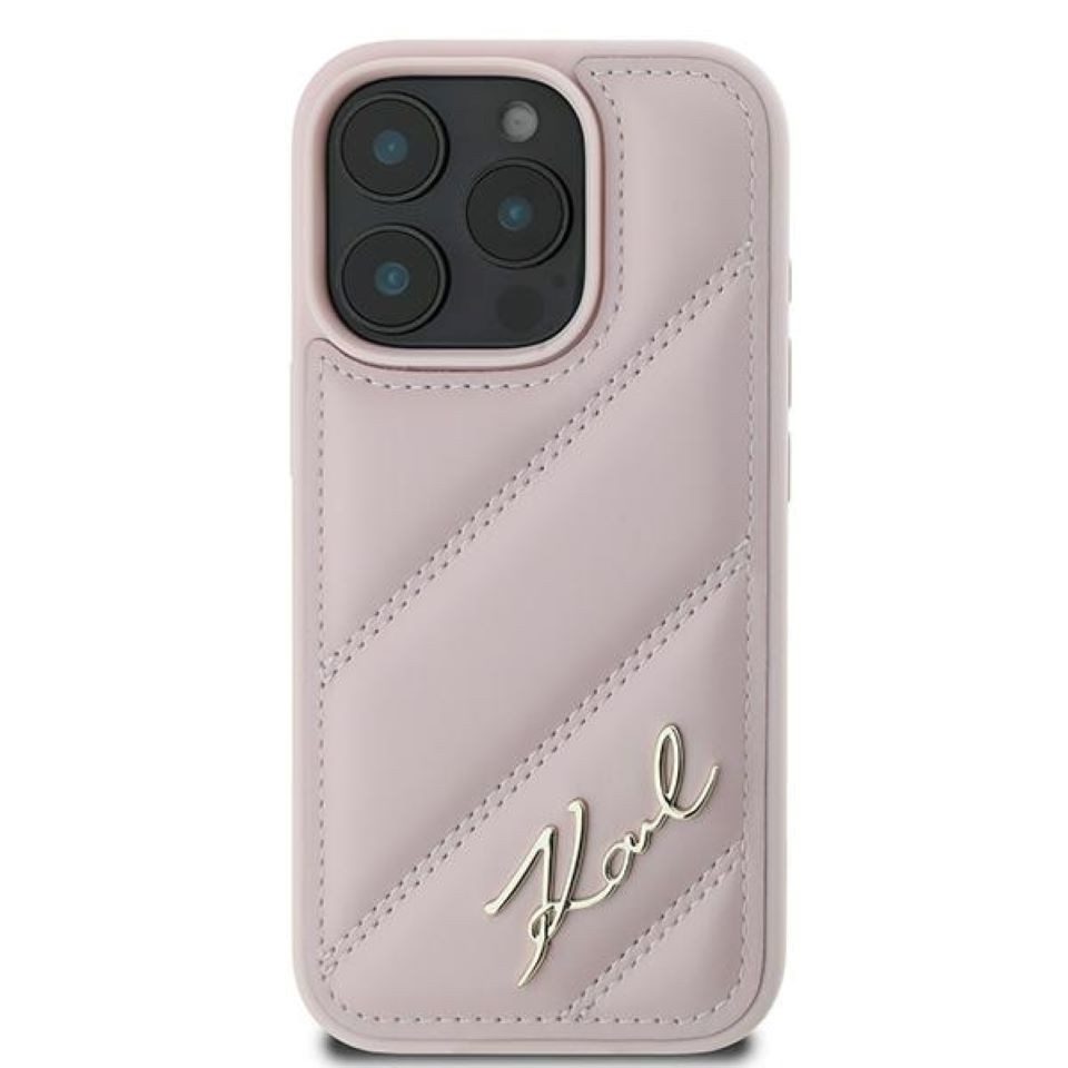 KARL LAGERFELD Handyhülle iPhone 16 Pro Max Kunstleder rosa Logo goldfarbig 6,9 Zoll, Kantenschutz