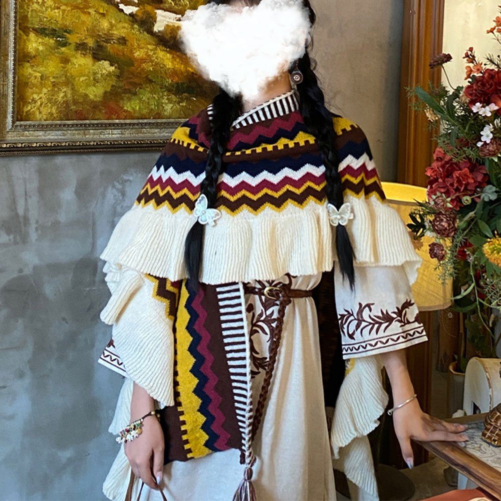 AUzzO~ Kaschmirschal Damen Reversible Poncho Gestrickter chal Folk-Stil Umhang Damen Schals, 133×88cm Gelb