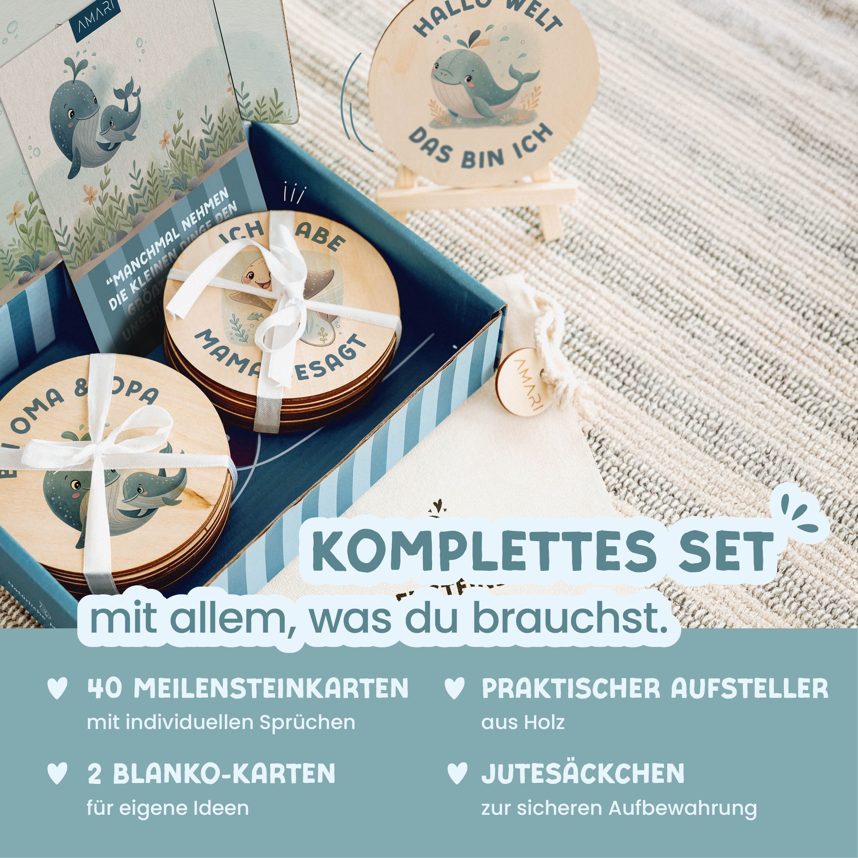 Amari Geburtskarte 42 Meilensteinkarten Unterwasserwelt Baby aus Holz inkl. Aufbewahrung, Geschenkidee Babyparty