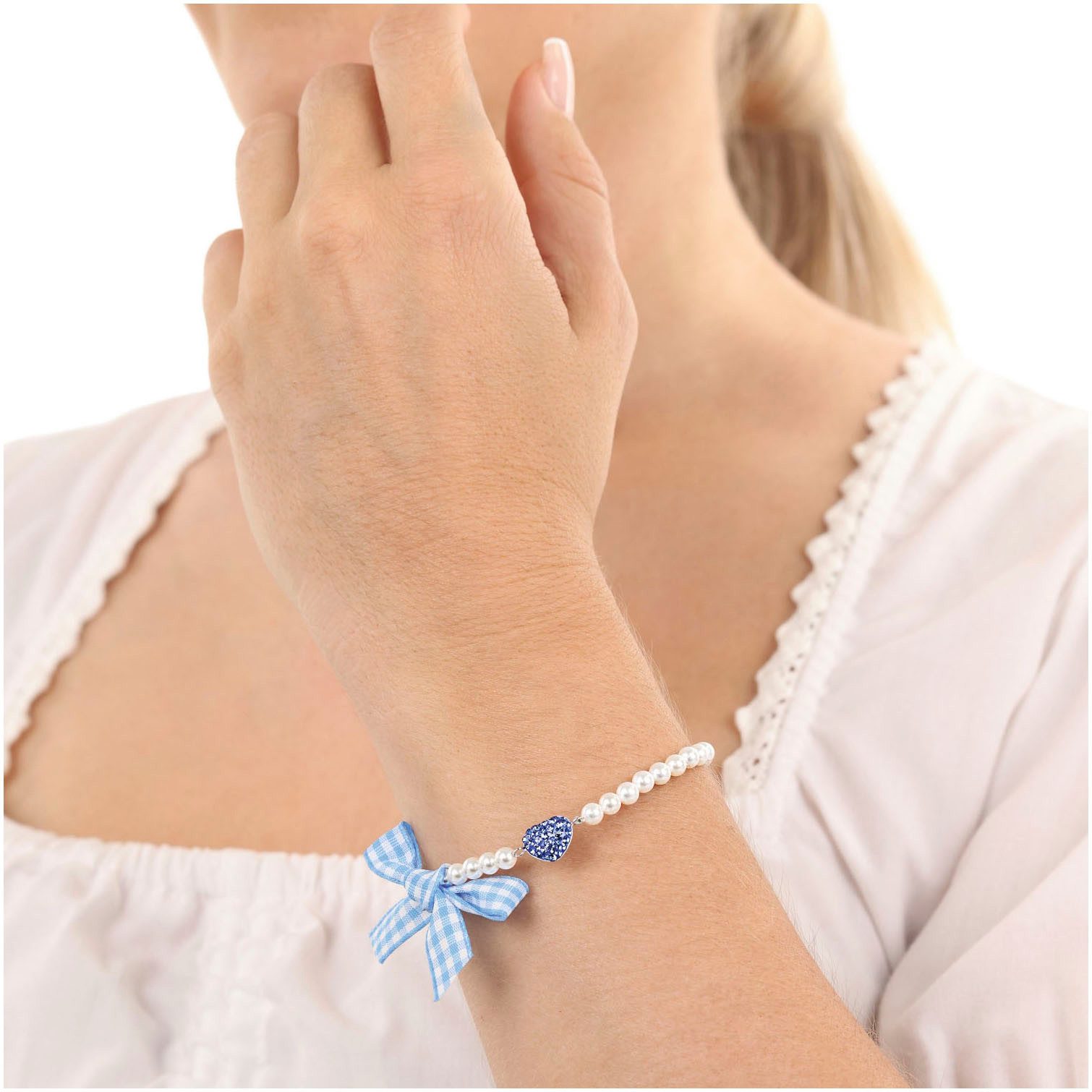 Amor Armband Herz/Schleife, Trachtenschmuck, Volksfest, mit Kristallglas - mit Muschelkernperle