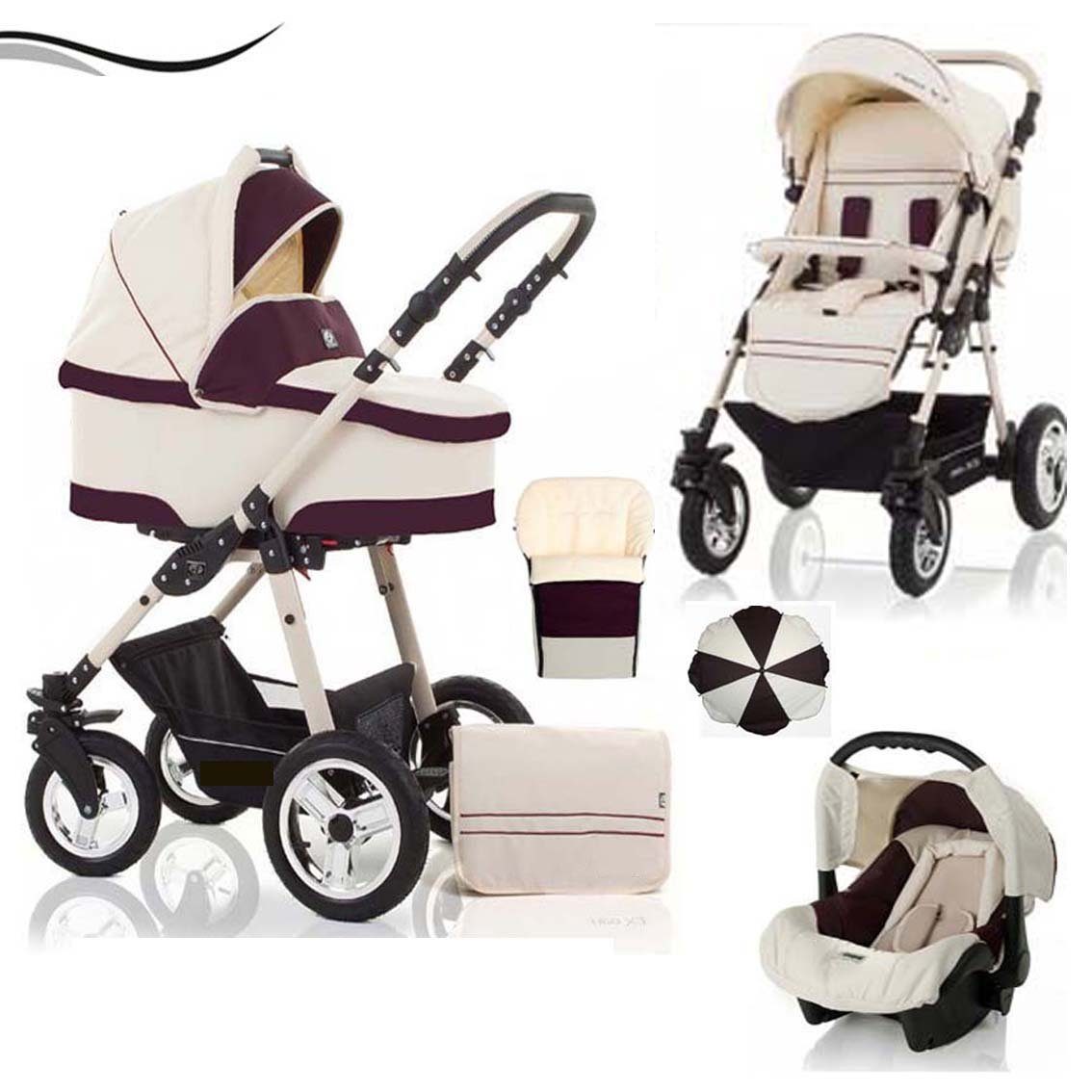 babies-on-wheels Kombi-Kinderwagen City Star 5 in 1 inkl. Autositz, Sonnenschirm und Fußsack - 18 Teile - von Geburt bis 4 Jahre in 16 Farben Creme-Bordeaux