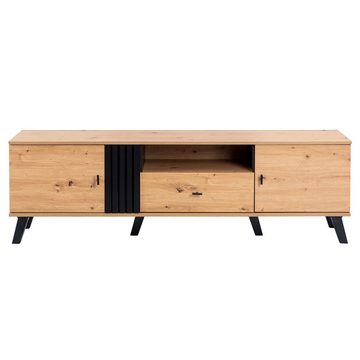 MODFU Lowboard TV-Schrank mit Holz- und Schwarzdesign (Vielfältige Aufbewahrungsfunktionen, einzigartiges Erscheinungsbild), TV-Schrank, mit 2 Türen und 1 Schublade