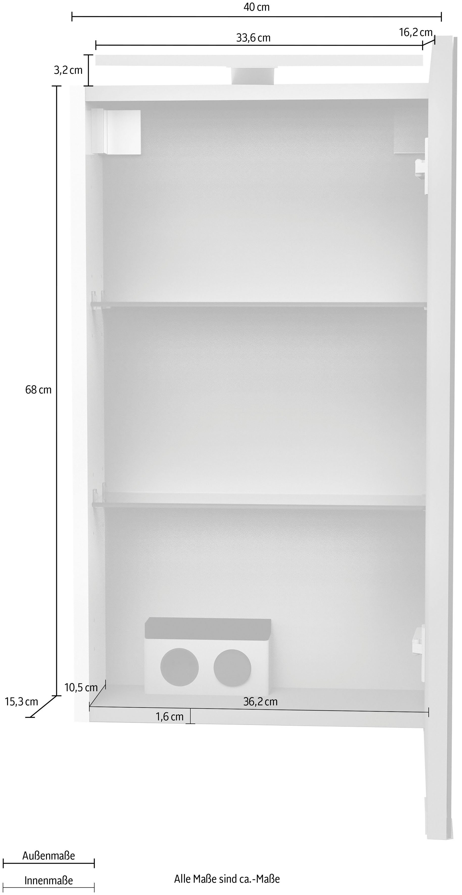 Aufsatzleuchte, Spiegelschrank rechts Breite FACKELMANN Nature-Oak/Braun (Spiegelschrank Nature-Oak/Braun Anschlag 40cm, SBC | und Steckdose, LED-Aufsatzleuchte) Schalter mit