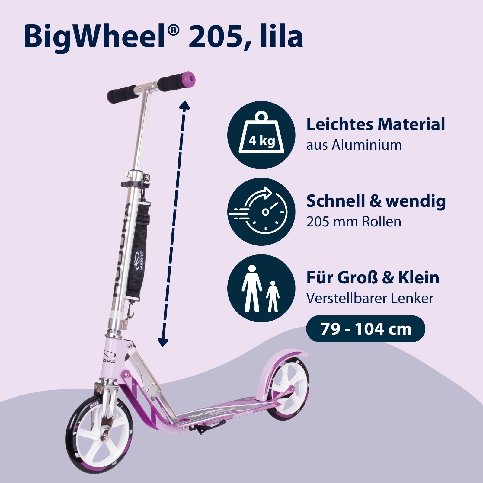 Hudora Cityroller BigWheel® 205 Tretroller - Höhenverstellbar & zusammenklappbar, (Kinder- & Erwachsenenroller für bis zu 100kg - Tretroller mit Ständer, Stabiler Aluminium-Roller), einklappbarer, höhenverstellbarer Kick-Scooter