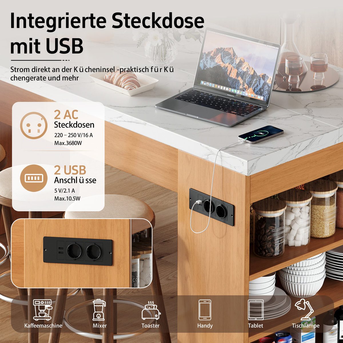 Odikalo Kücheninsel mit LED Beleuchtung Arbeitsplatte & Steckdose, (Kücheninsel 155x80x90cm mit 2xAC+2xUSB,3 offenen Ablagen,moderne Kücheninsel für Küche & Esszimmer)