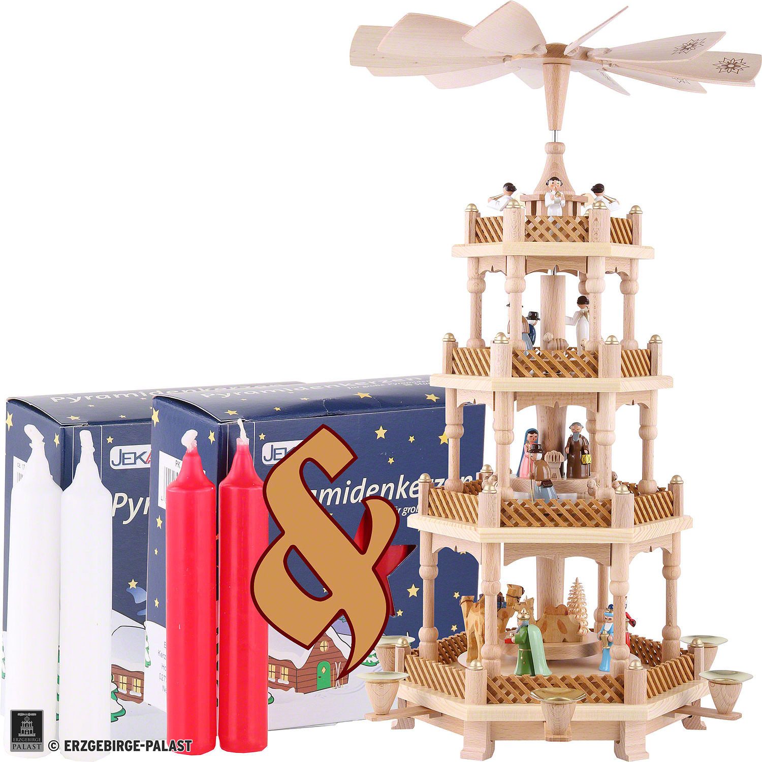 Erzgebirge-Palast Weihnachtspyramide Set 4-stöckige Pyramide Christi Geburt bunt und zwei Packungen Kerzen