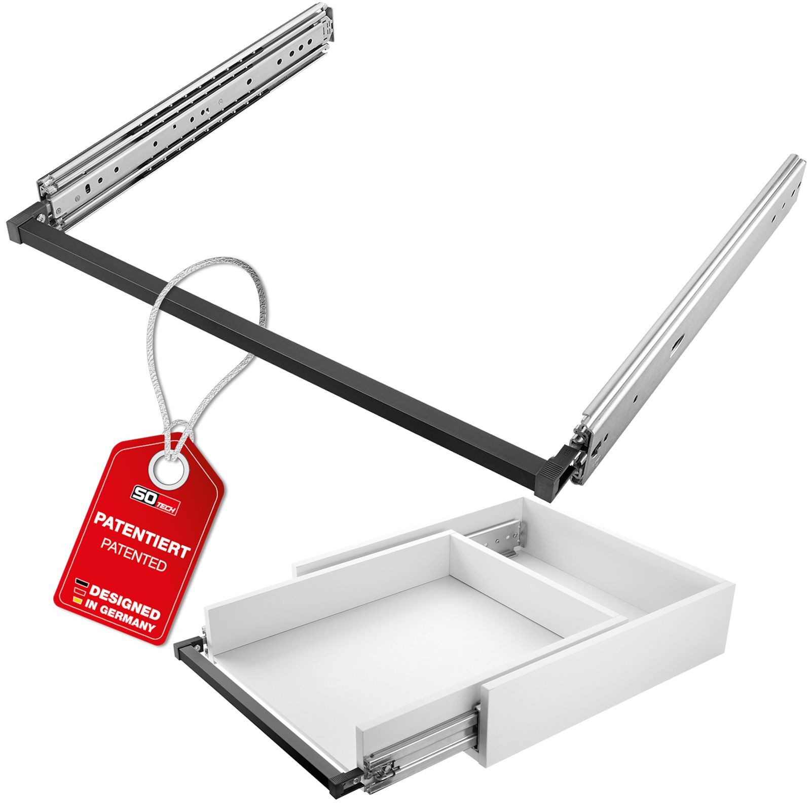 SO-TECH® Auszug VarioSlide bis 200 kg, mit Verriegelung, einhändig bedienbar (Set), Vollauszug 60 cm Breite, 50 cm Tiefe, ohne Front schwarz