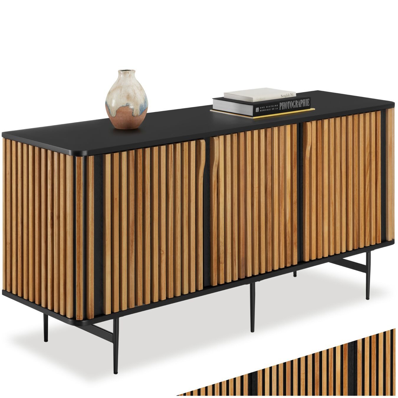 tectake Sideboard Kommode Lineo, Lamellenoptik, 3 Schrankfächer, Massivholz, 156 x 45,5 x 74 cm, mit höhenverstellbare Füße