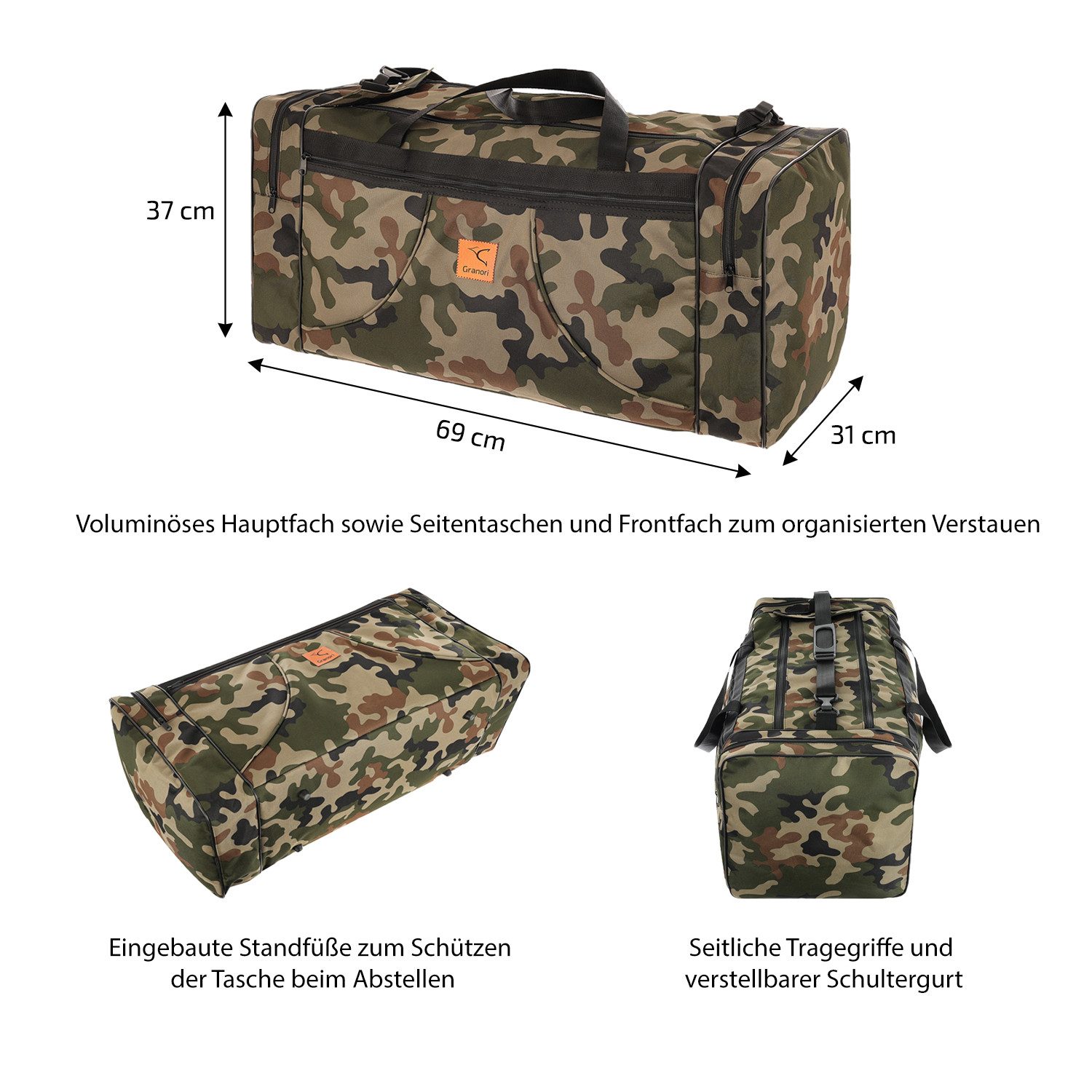 Granori Sporttasche Militär Reisetasche Camouflage 80 L, mit Schulterriemen und mehreren Fächern, EU-Produktion